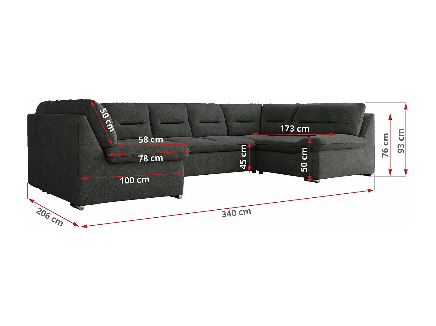 Ecksofa COMODO U, Große Wohnlandschaft, mit Schlaffunktion - Dunkelgrau Stukture