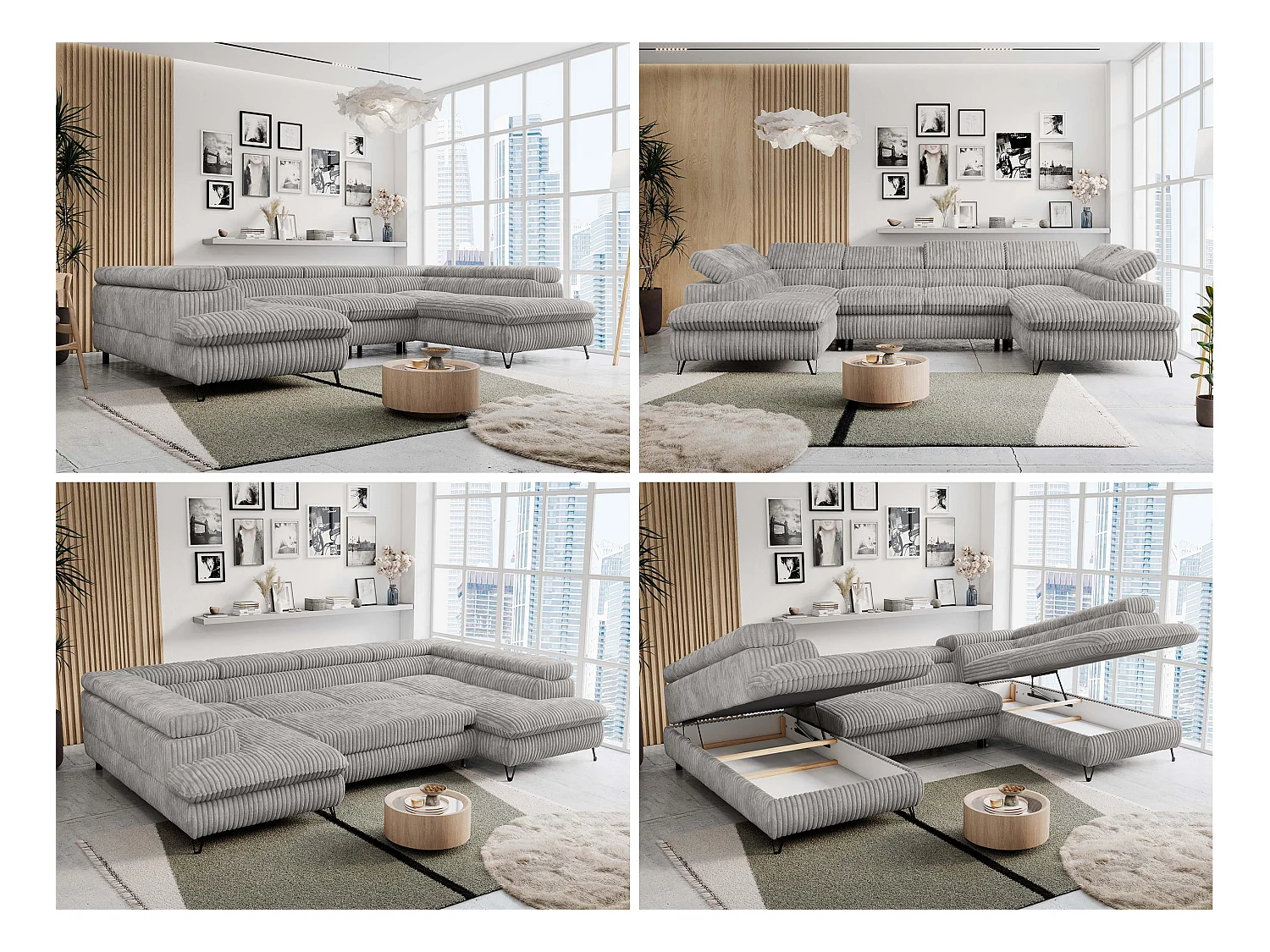 Ecksofa PETER U - schlaffunktion und Bettkästen, verstellbare Kopfstützen - Grau Cord