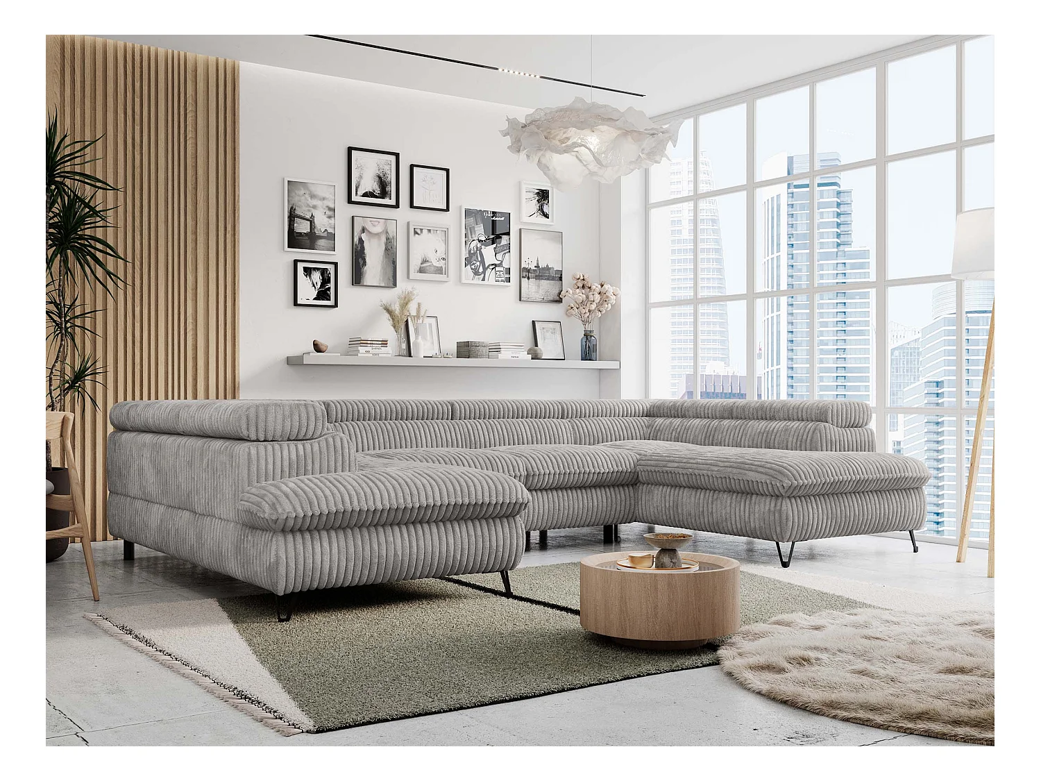 Ecksofa PETER U - schlaffunktion und Bettkästen, verstellbare Kopfstützen - Grau Cord