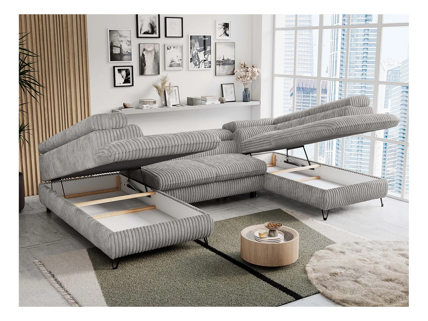 Ecksofa PETER U - schlaffunktion und Bettkästen, verstellbare Kopfstützen - Grau Cord