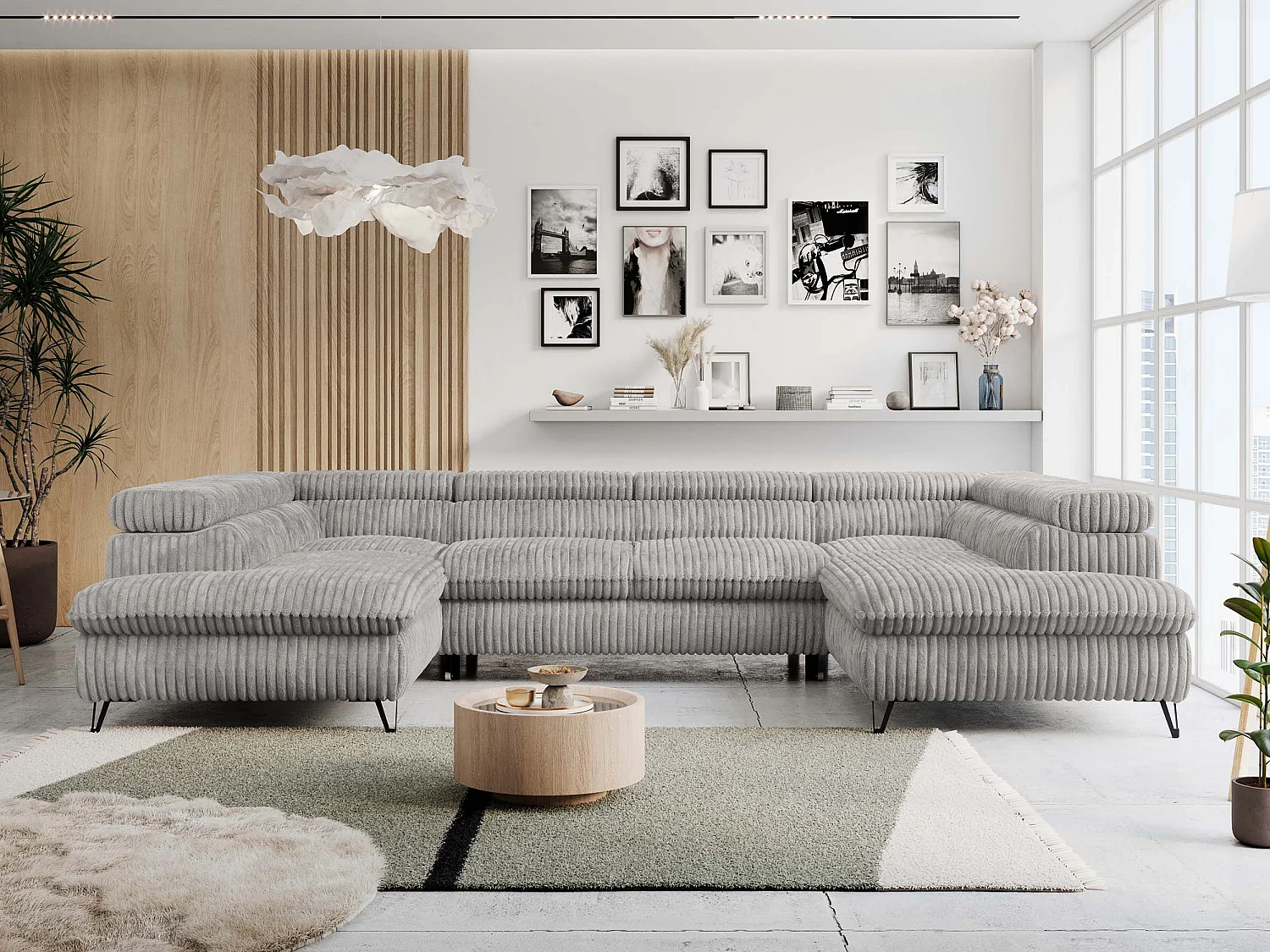 Ecksofa PETER U - schlaffunktion und Bettkästen, verstellbare Kopfstützen - Grau Cord