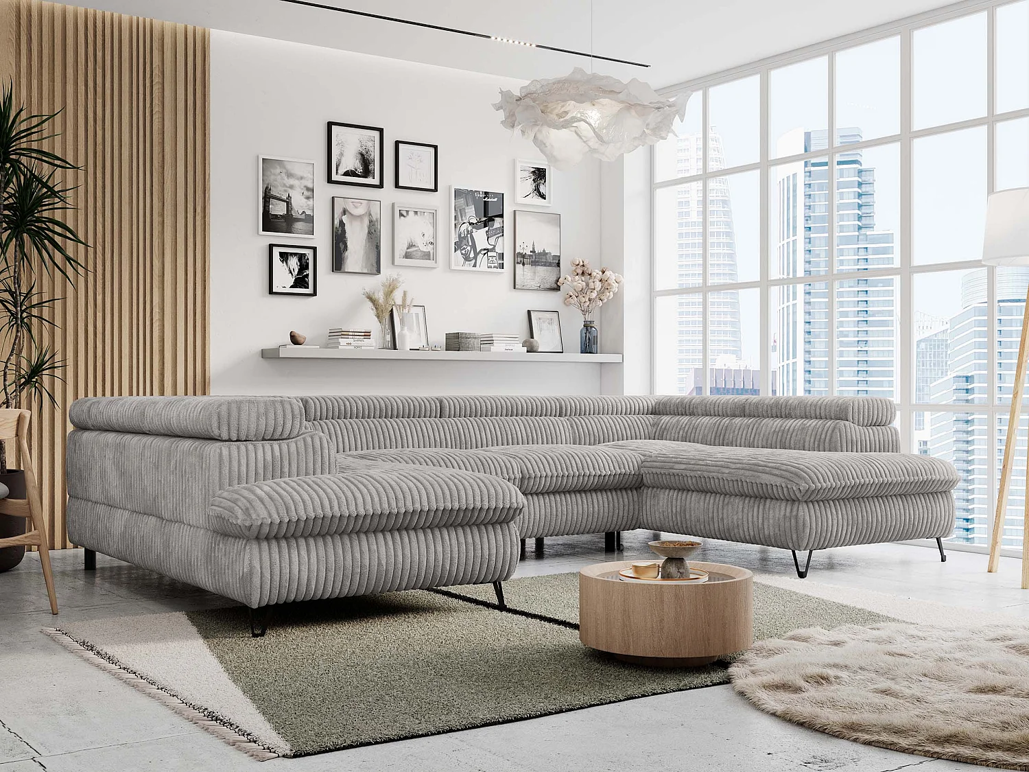 Ecksofa PETER U - schlaffunktion und Bettkästen, verstellbare Kopfstützen - Grau Cord