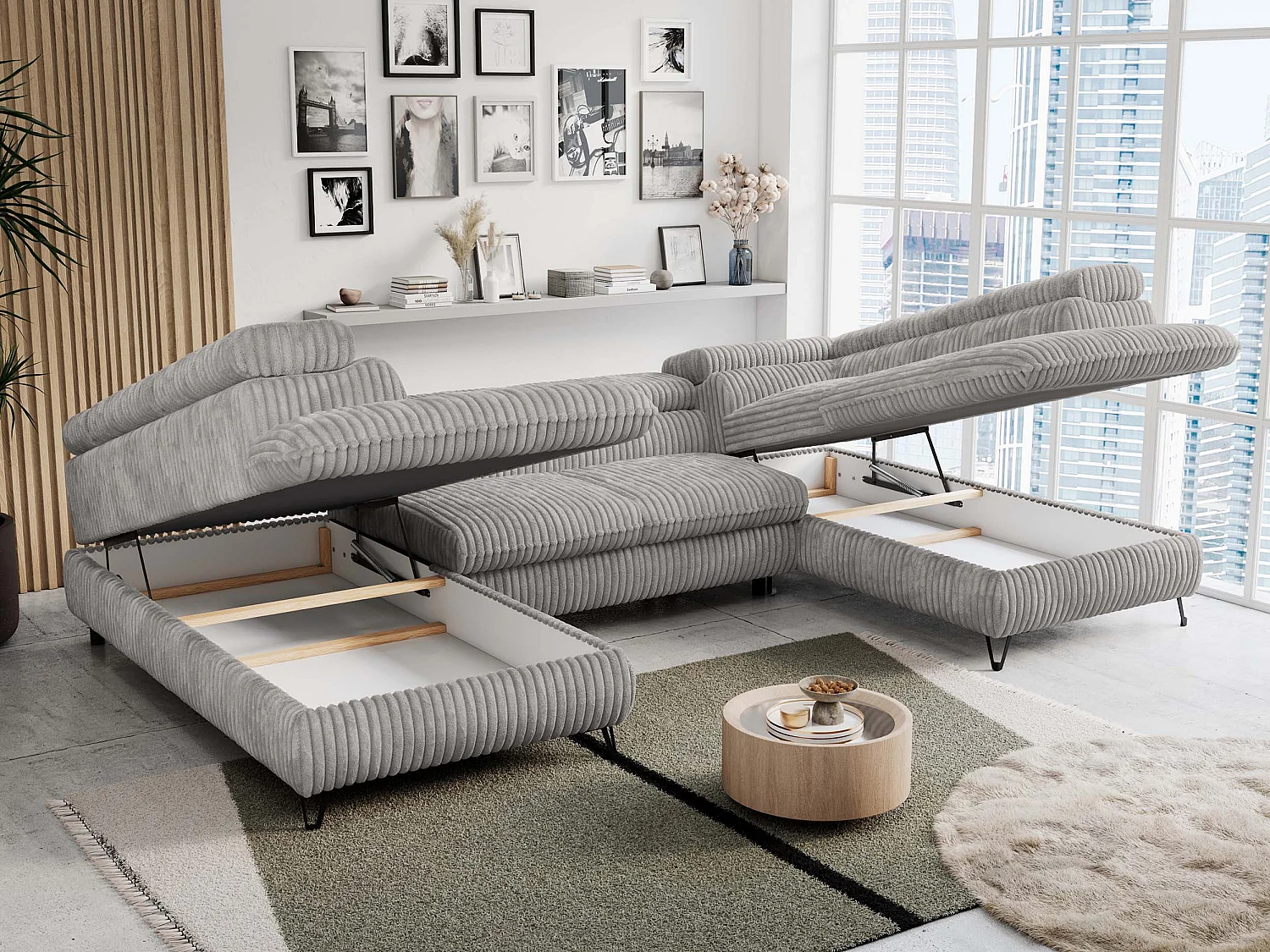 Ecksofa PETER U - schlaffunktion und Bettkästen, verstellbare Kopfstützen - Grau Cord