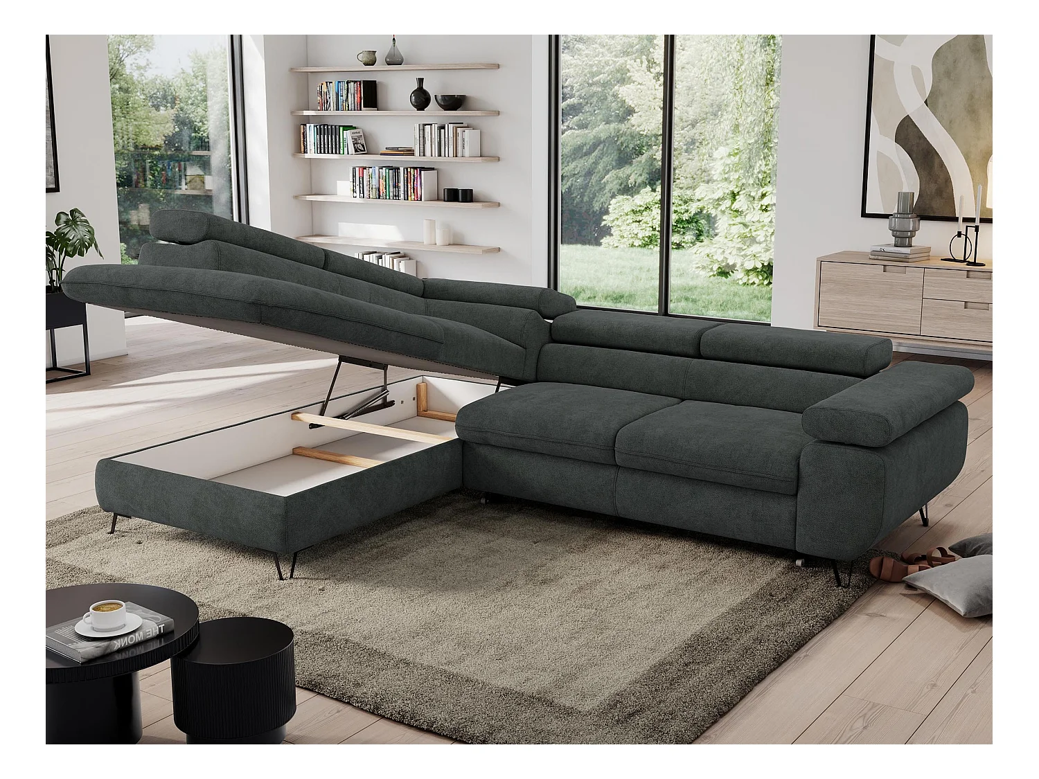 Ecksofa PEDRO - L-Form mit Schlaffunktion 200x125 cm, verstellbaren Kopfstützen - Dunkelgrau Stukture - Ecke Links