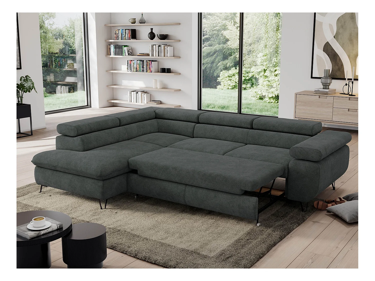 Ecksofa PEDRO - L-Form mit Schlaffunktion 200x125 cm, verstellbaren Kopfstützen - Dunkelgrau Stukture - Ecke Links