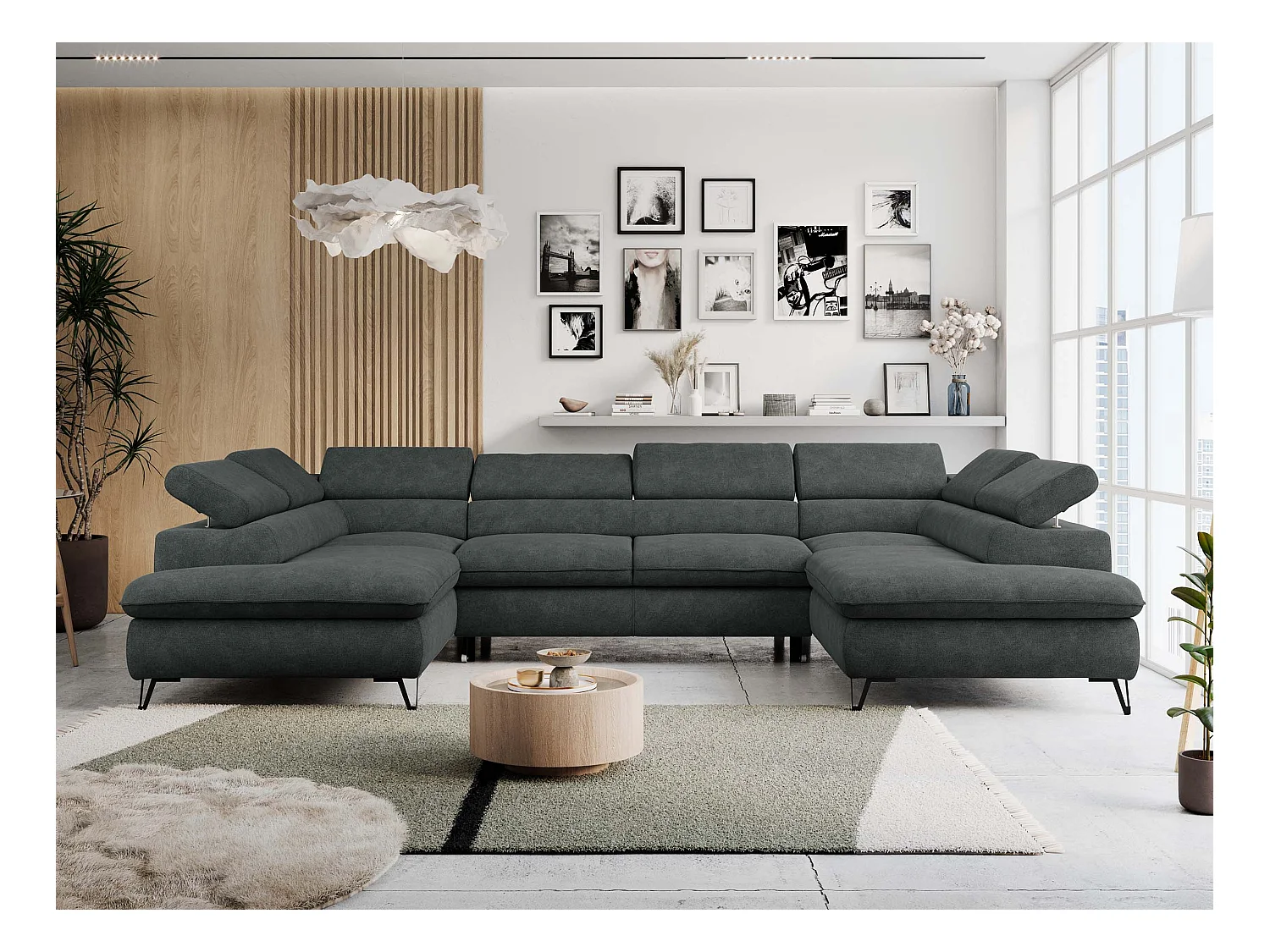 Ecksofa PETER U - schlaffunktion und Bettkästen, verstellbare Kopfstützen - Dunkelgrau Stukture