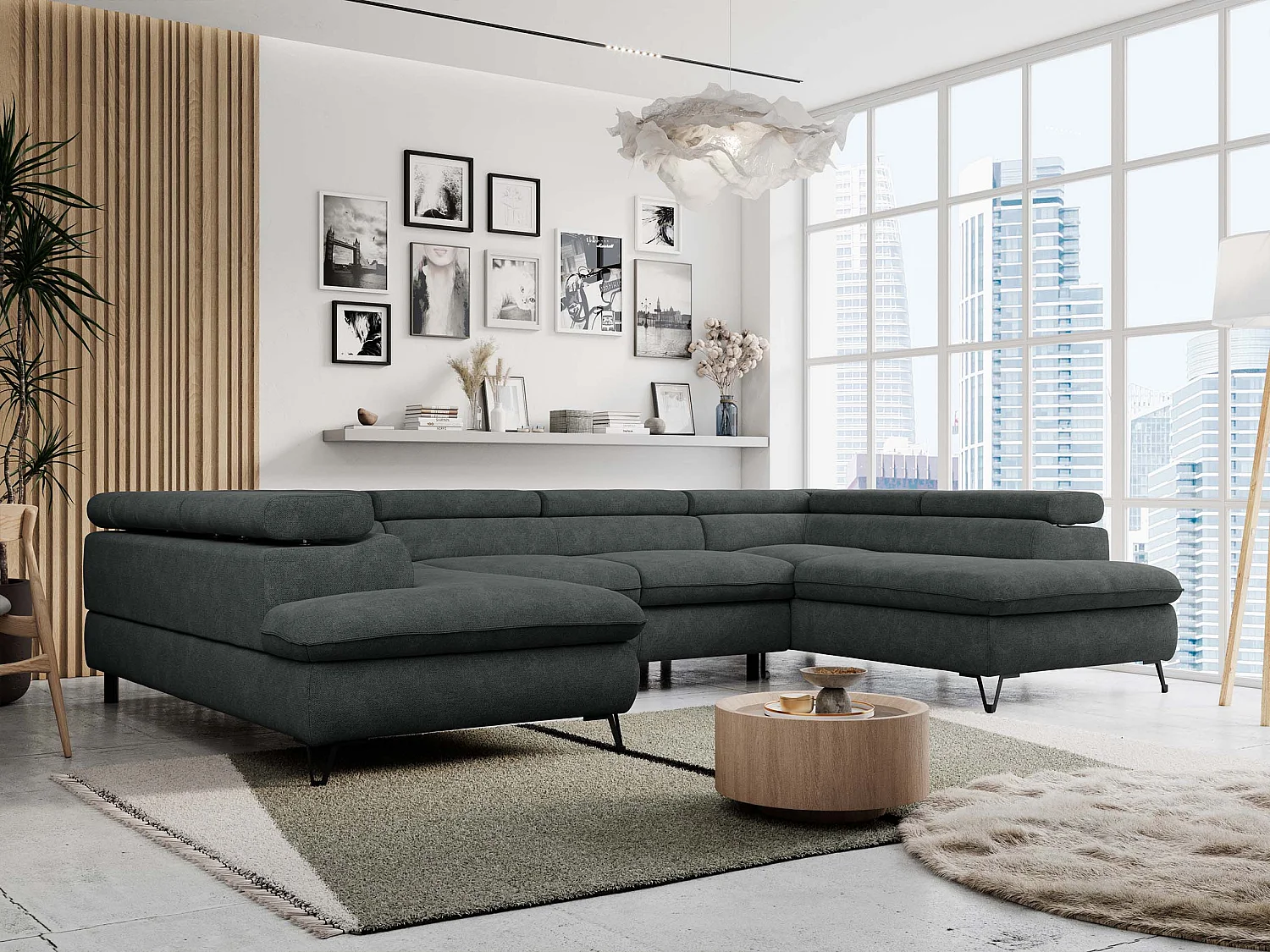 Ecksofa PETER U - schlaffunktion und Bettkästen, verstellbare Kopfstützen - Dunkelgrau Stukture