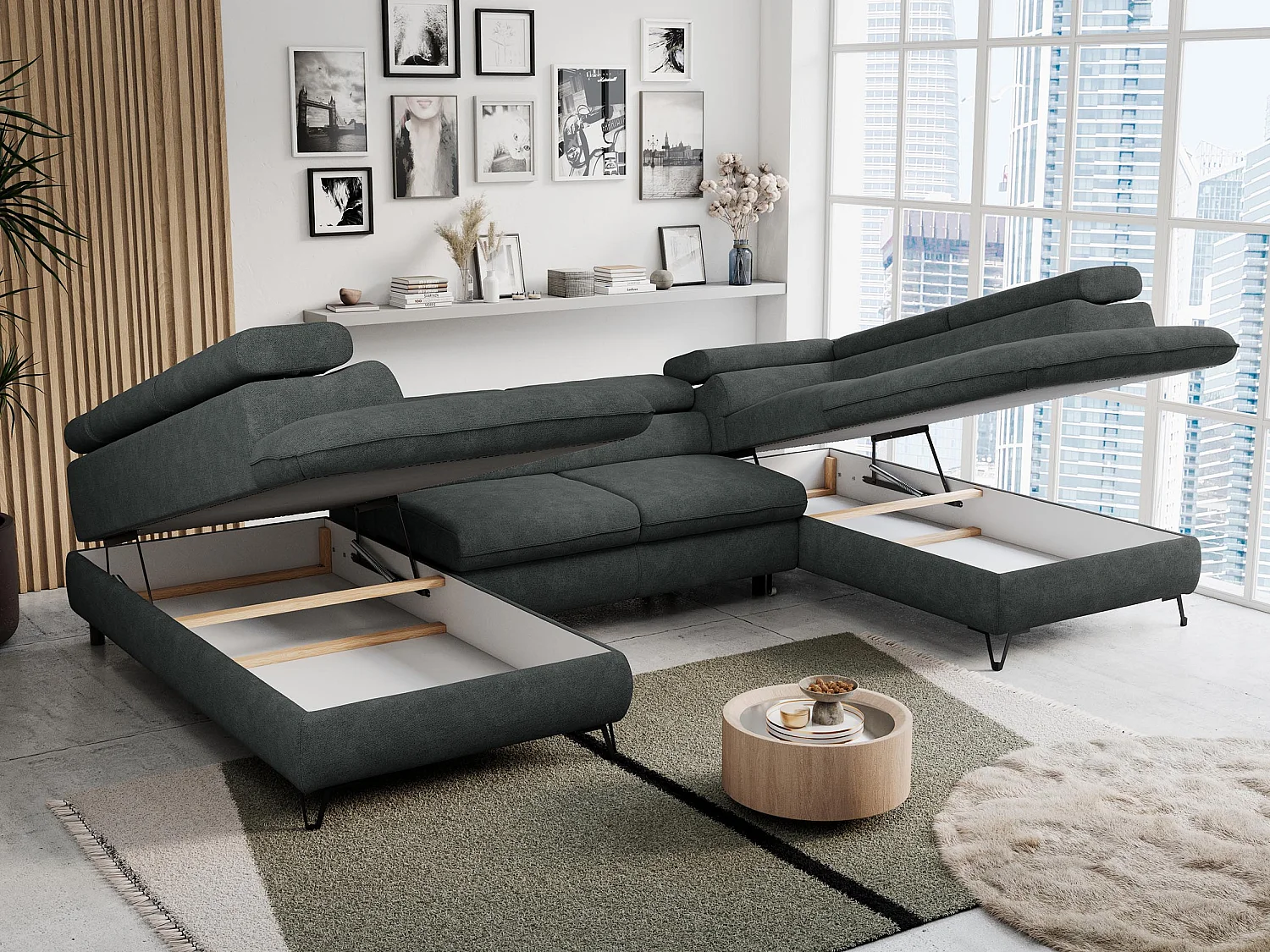 Ecksofa PETER U - schlaffunktion und Bettkästen, verstellbare Kopfstützen - Dunkelgrau Stukture