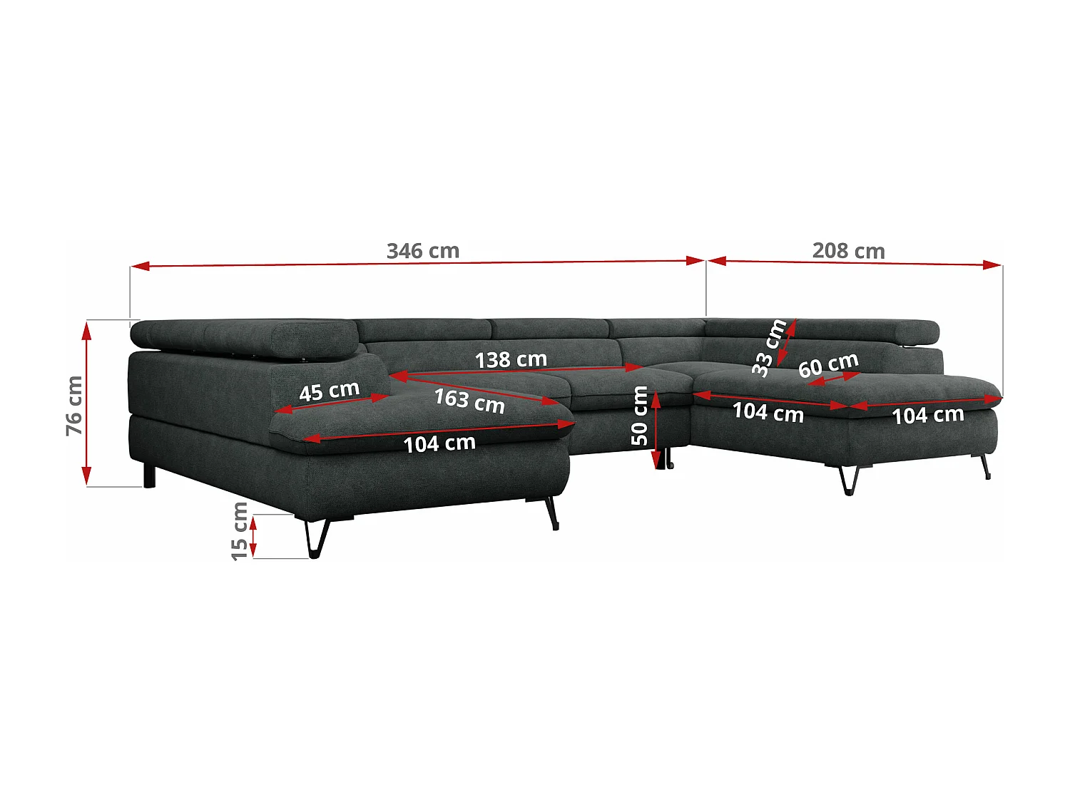 Ecksofa PETER U - schlaffunktion und Bettkästen, verstellbare Kopfstützen - Dunkelgrau Stukture