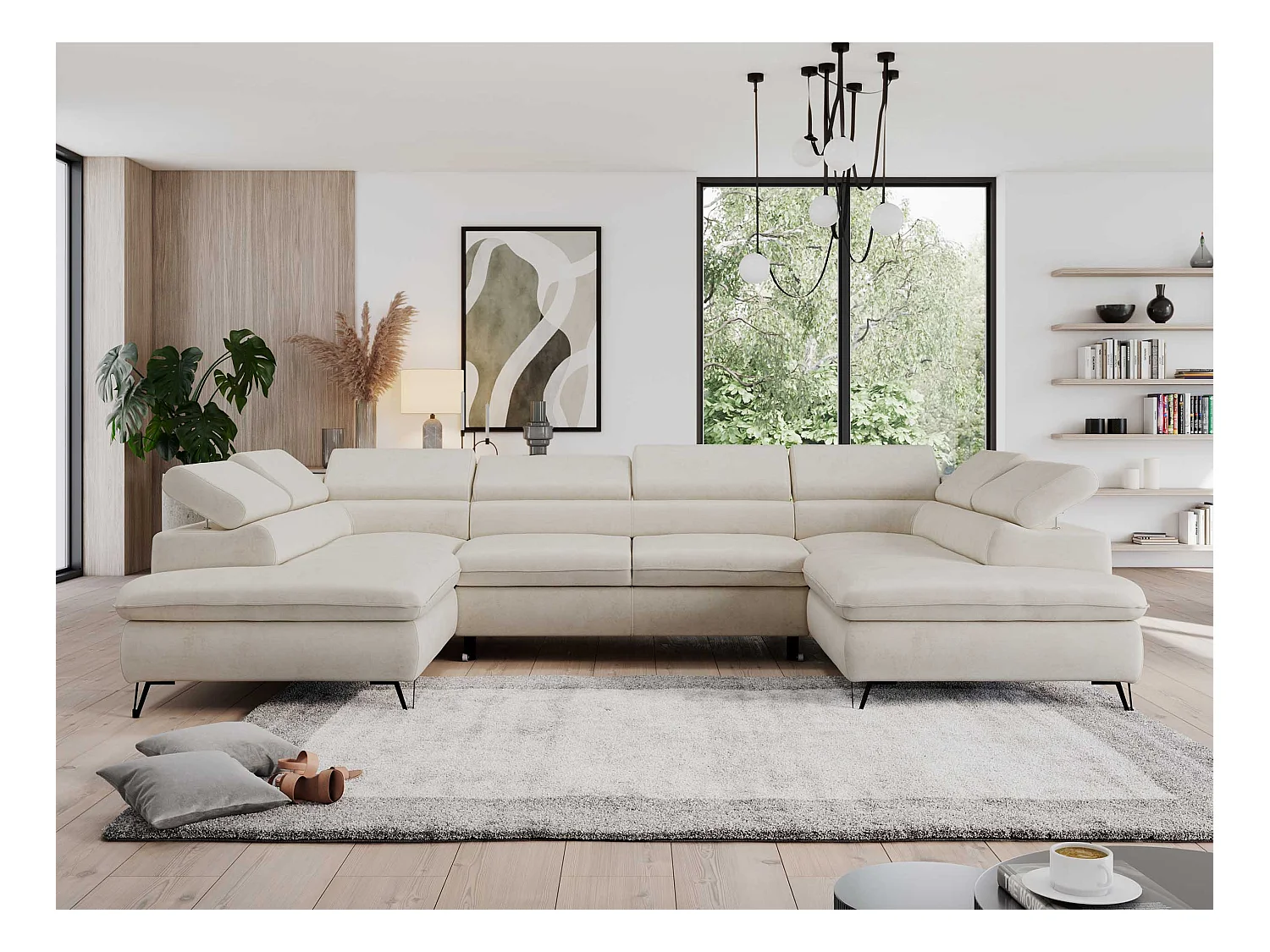 Ecksofa PEDRO U - XXL U-förmige Ecke, schlaffunktion und Bettkästen - Creme Velvet