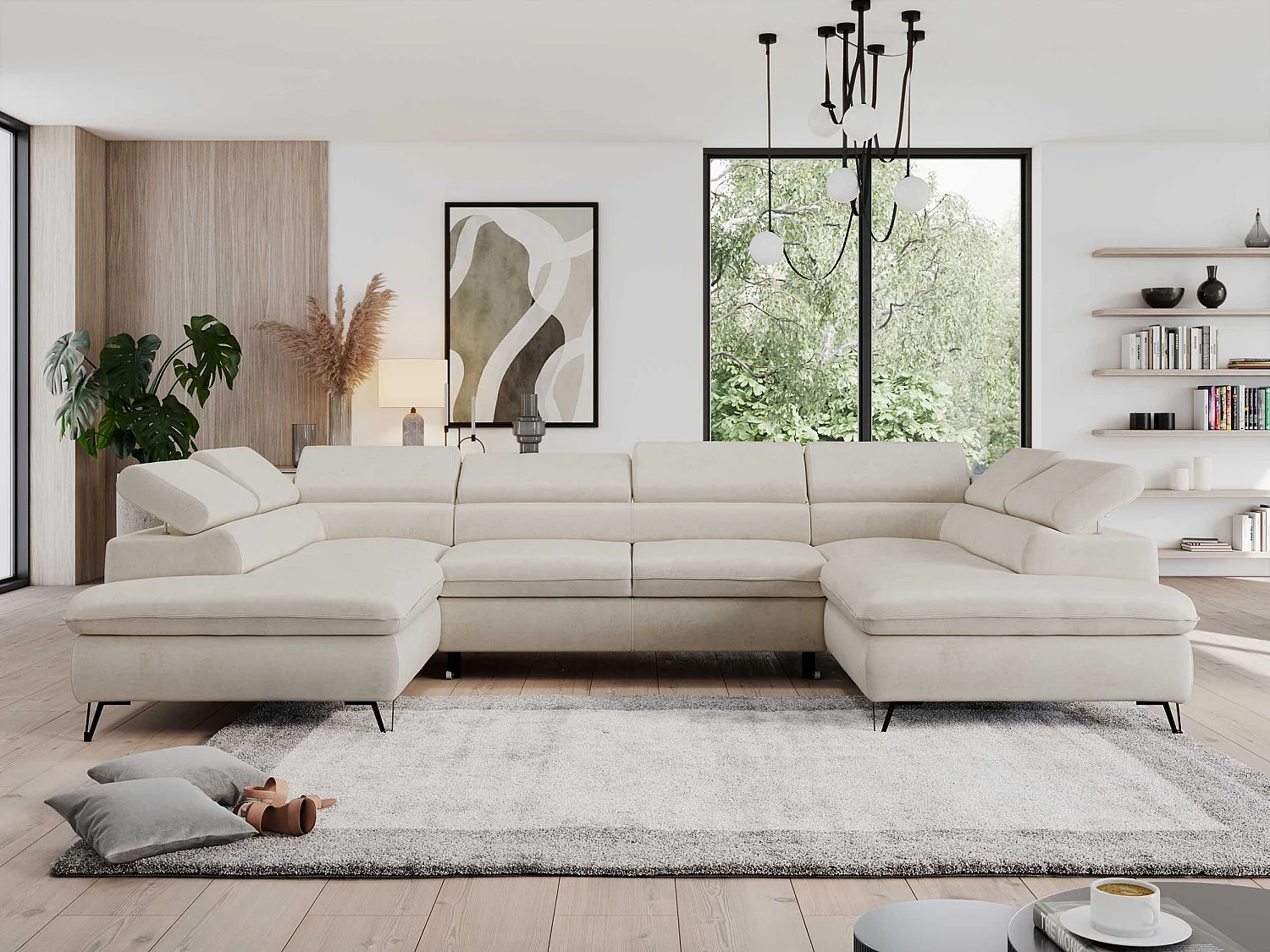 Ecksofa PEDRO U - XXL U-förmige Ecke, schlaffunktion und Bettkästen - Creme Velvet