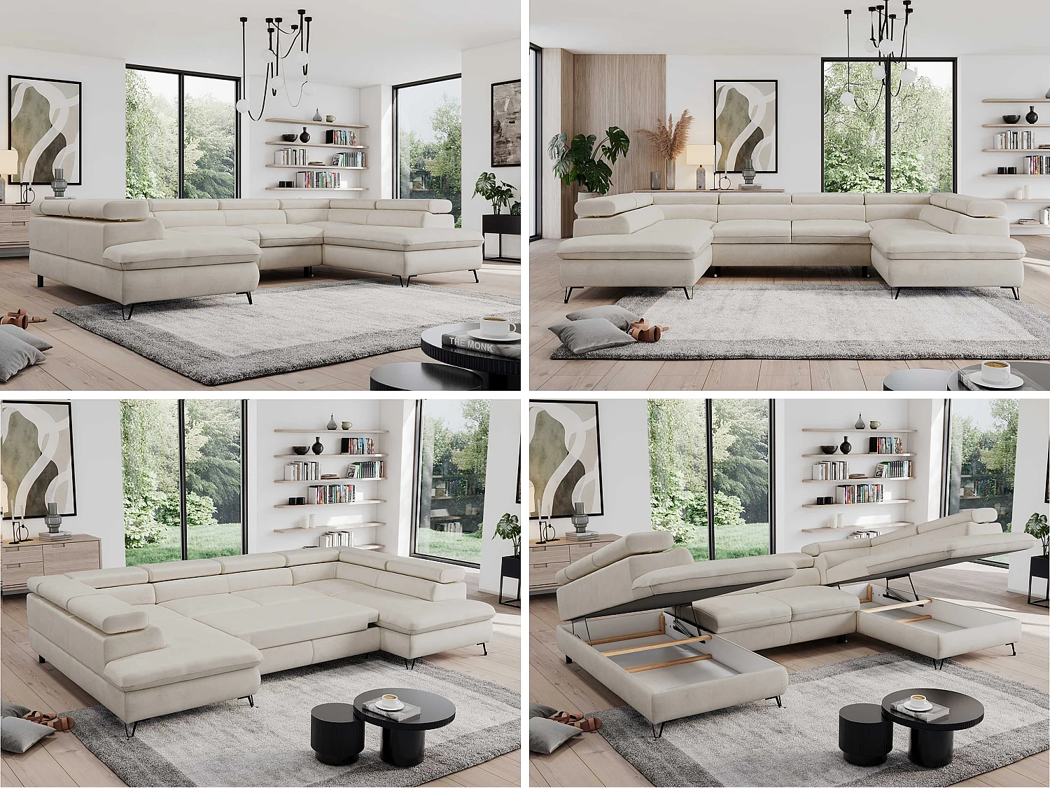 Ecksofa PEDRO U - XXL U-förmige Ecke, schlaffunktion und Bettkästen - Creme Velvet