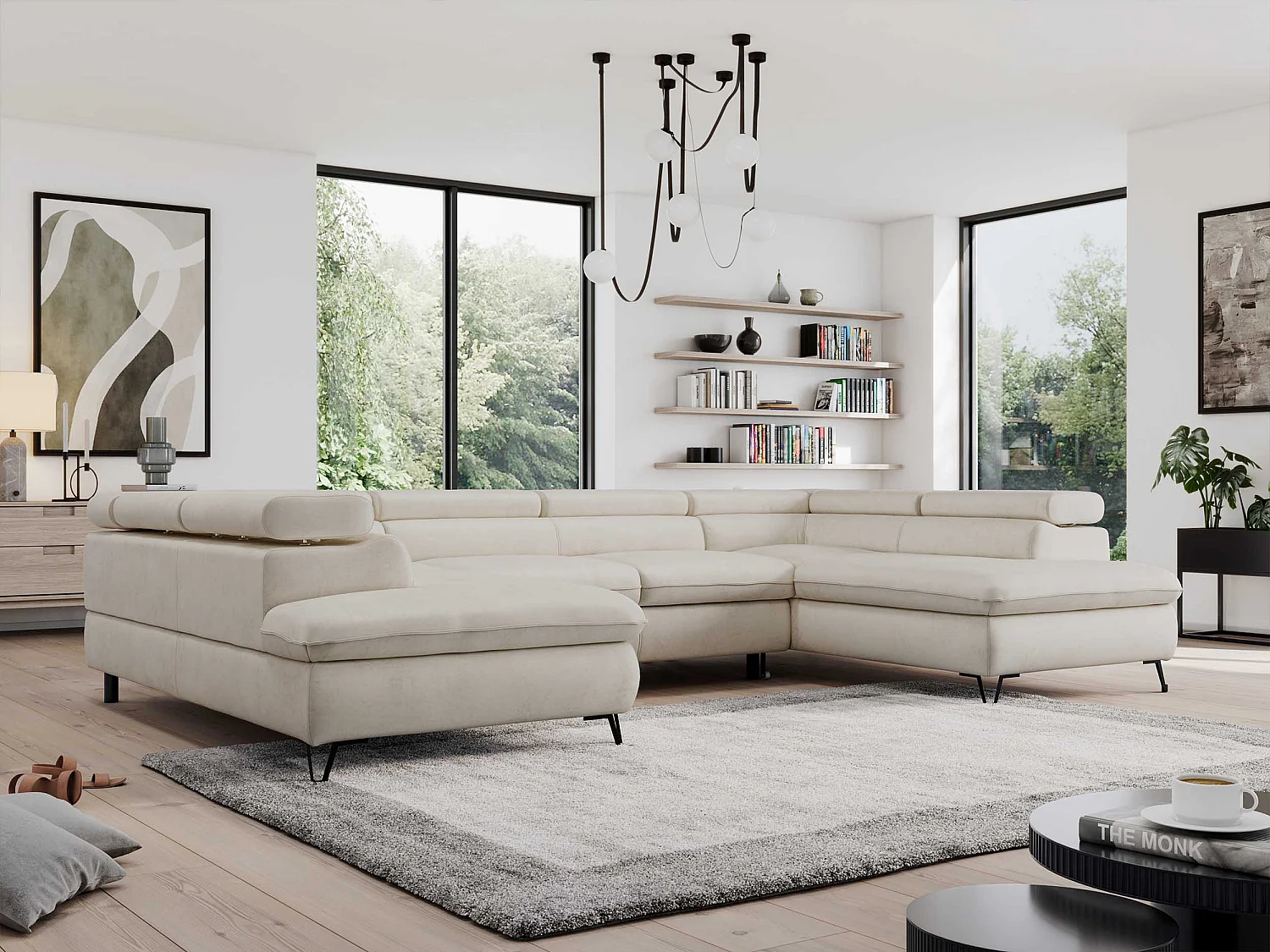 Ecksofa PEDRO U - XXL U-förmige Ecke, schlaffunktion und Bettkästen - Creme Velvet