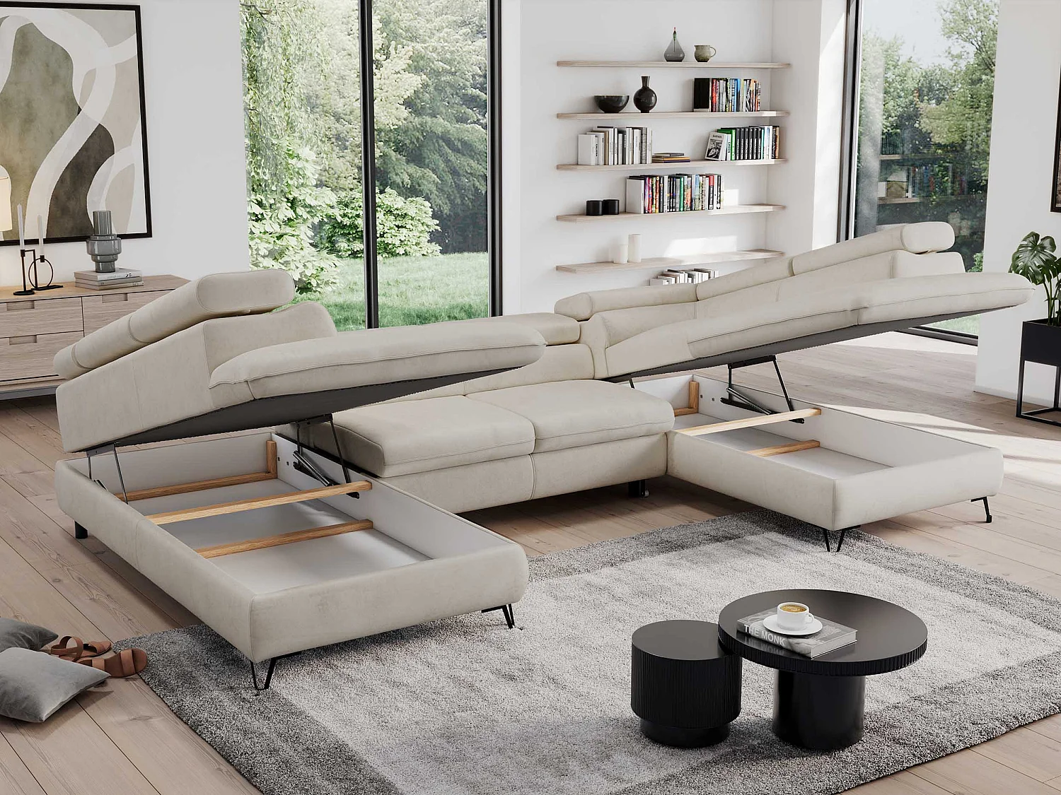 Ecksofa PEDRO U - XXL U-förmige Ecke, schlaffunktion und Bettkästen - Creme Velvet