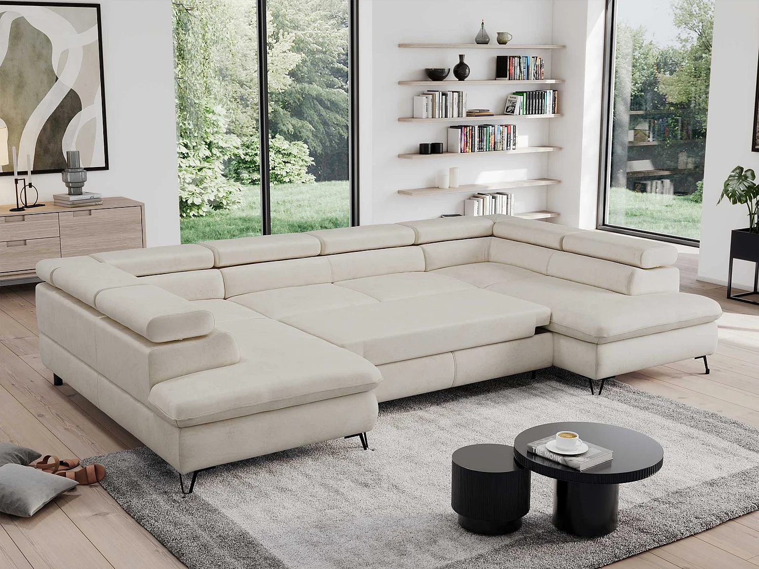 Ecksofa PEDRO U - XXL U-förmige Ecke, schlaffunktion und Bettkästen - Creme Velvet