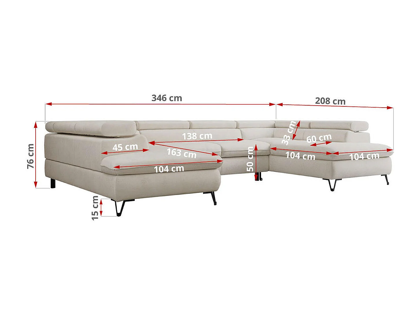 Ecksofa PEDRO U - XXL U-förmige Ecke, schlaffunktion und Bettkästen - Creme Velvet