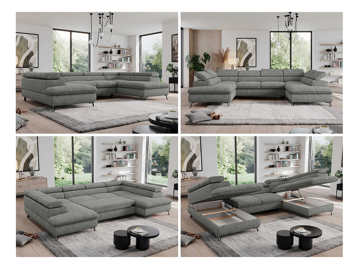 Ecksofa PEDRO U - XXL U-förmige Ecke, schlaffunktion und Bettkästen - Grau Stukture