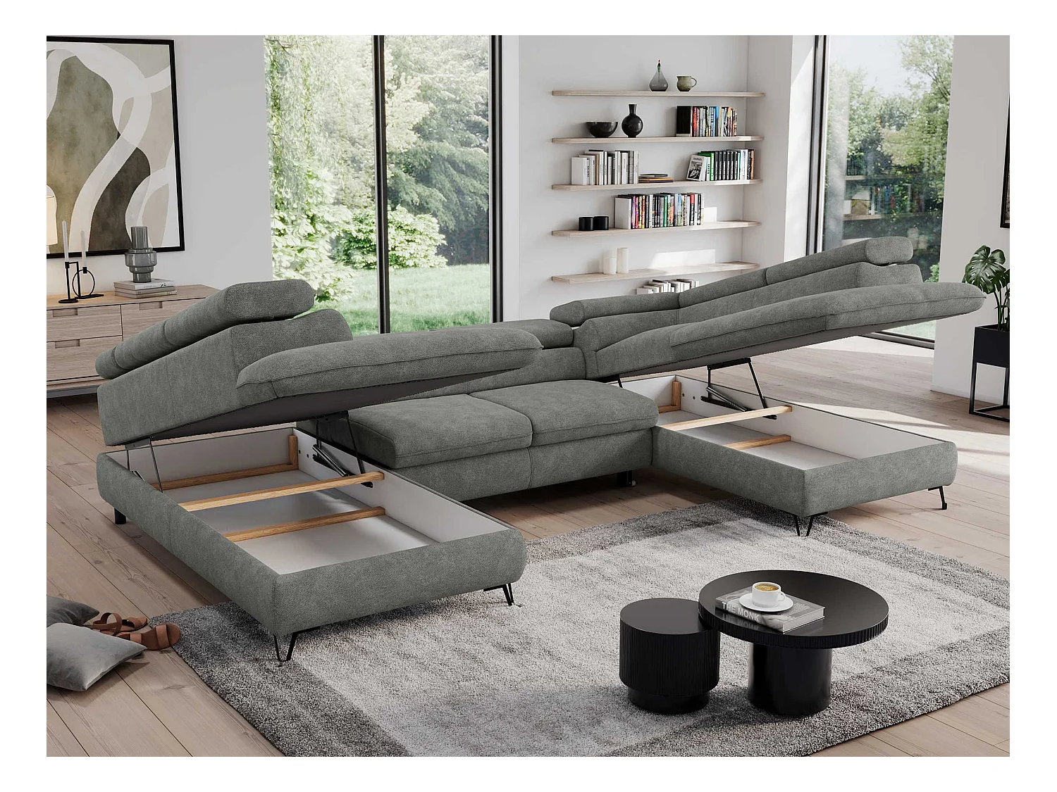 Ecksofa PEDRO U - XXL U-förmige Ecke, schlaffunktion und Bettkästen - Grau Stukture