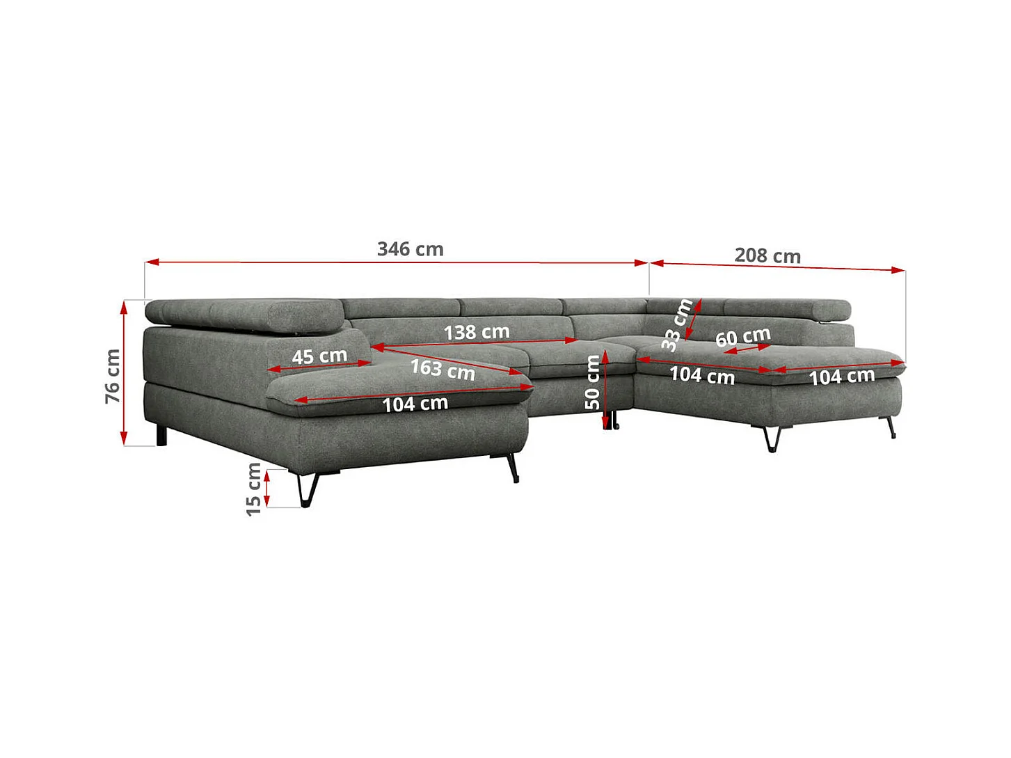Ecksofa PEDRO U - XXL U-förmige Ecke, schlaffunktion und Bettkästen - Grau Stukture
