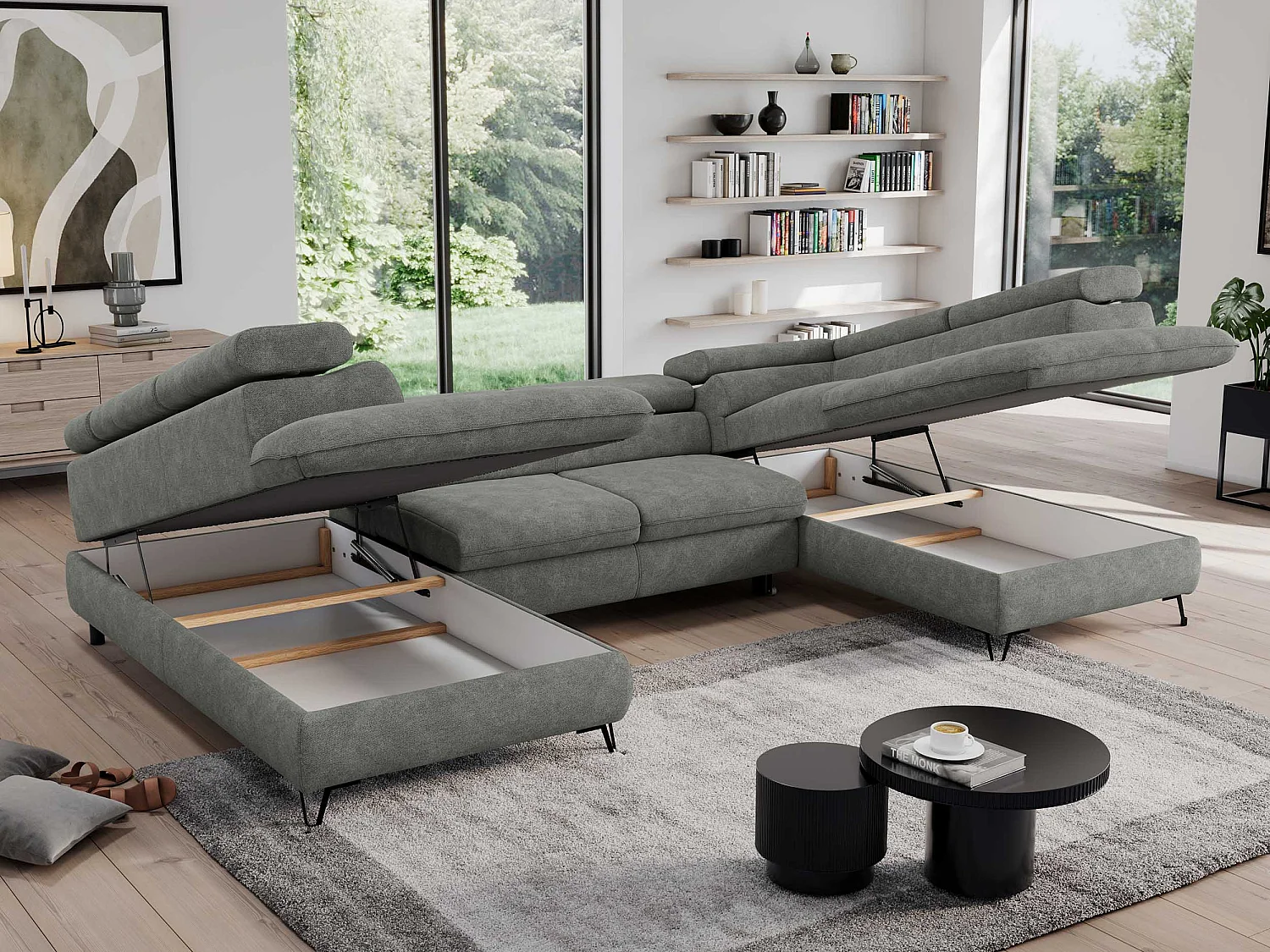 Ecksofa PEDRO U - XXL U-förmige Ecke, schlaffunktion und Bettkästen - Grau Stukture