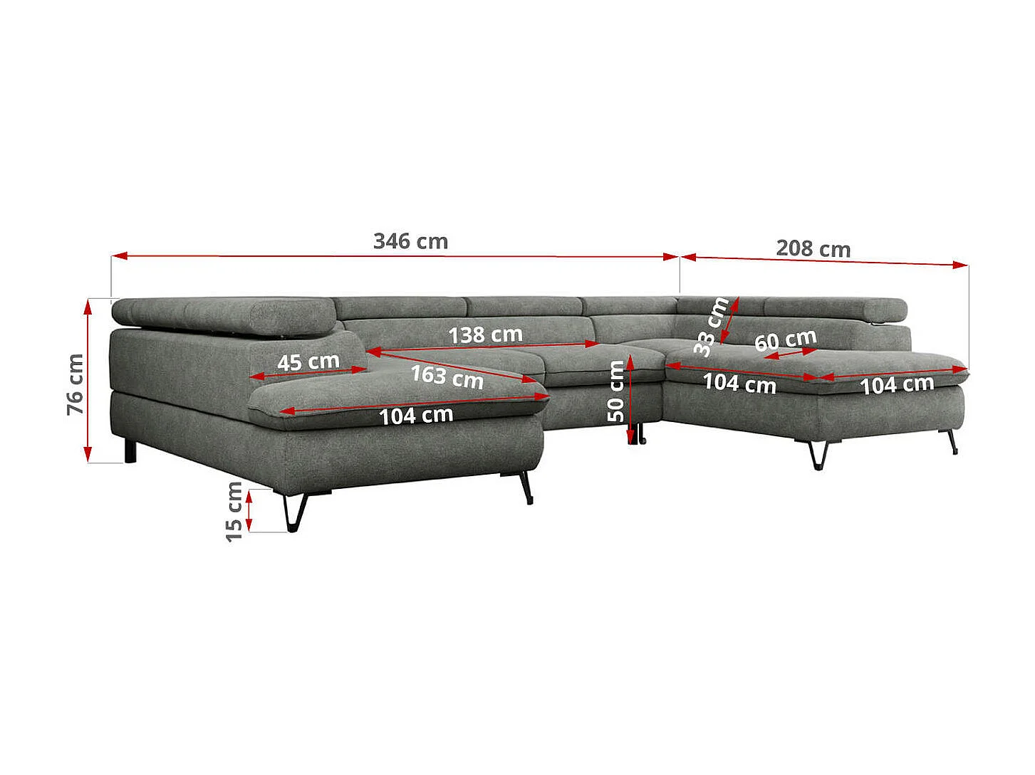 Ecksofa PEDRO U - XXL U-förmige Ecke, schlaffunktion und Bettkästen - Grau Stukture