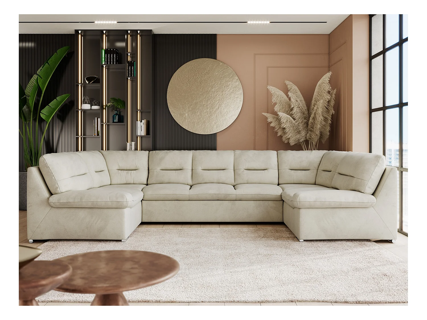 Ecksofa COMODO U, Große Wohnlandschaft, mit Schlaffunktion - Beige Velvet