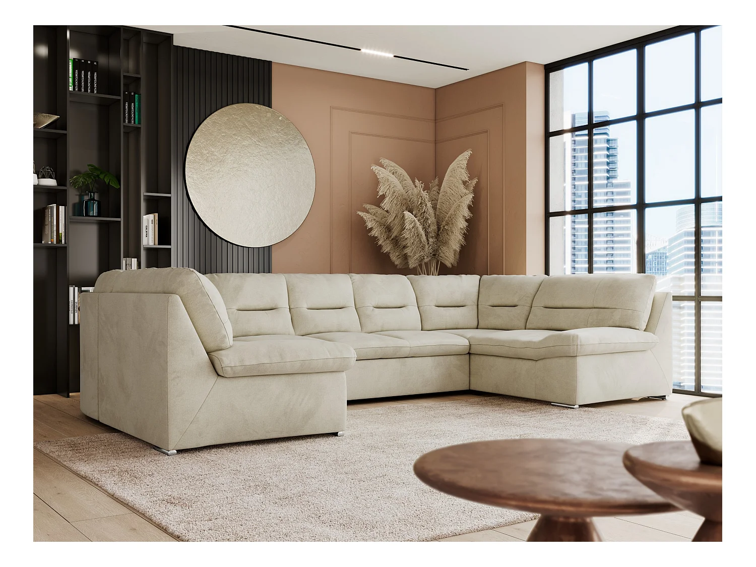 Ecksofa COMODO U, Große Wohnlandschaft, mit Schlaffunktion - Beige Velvet