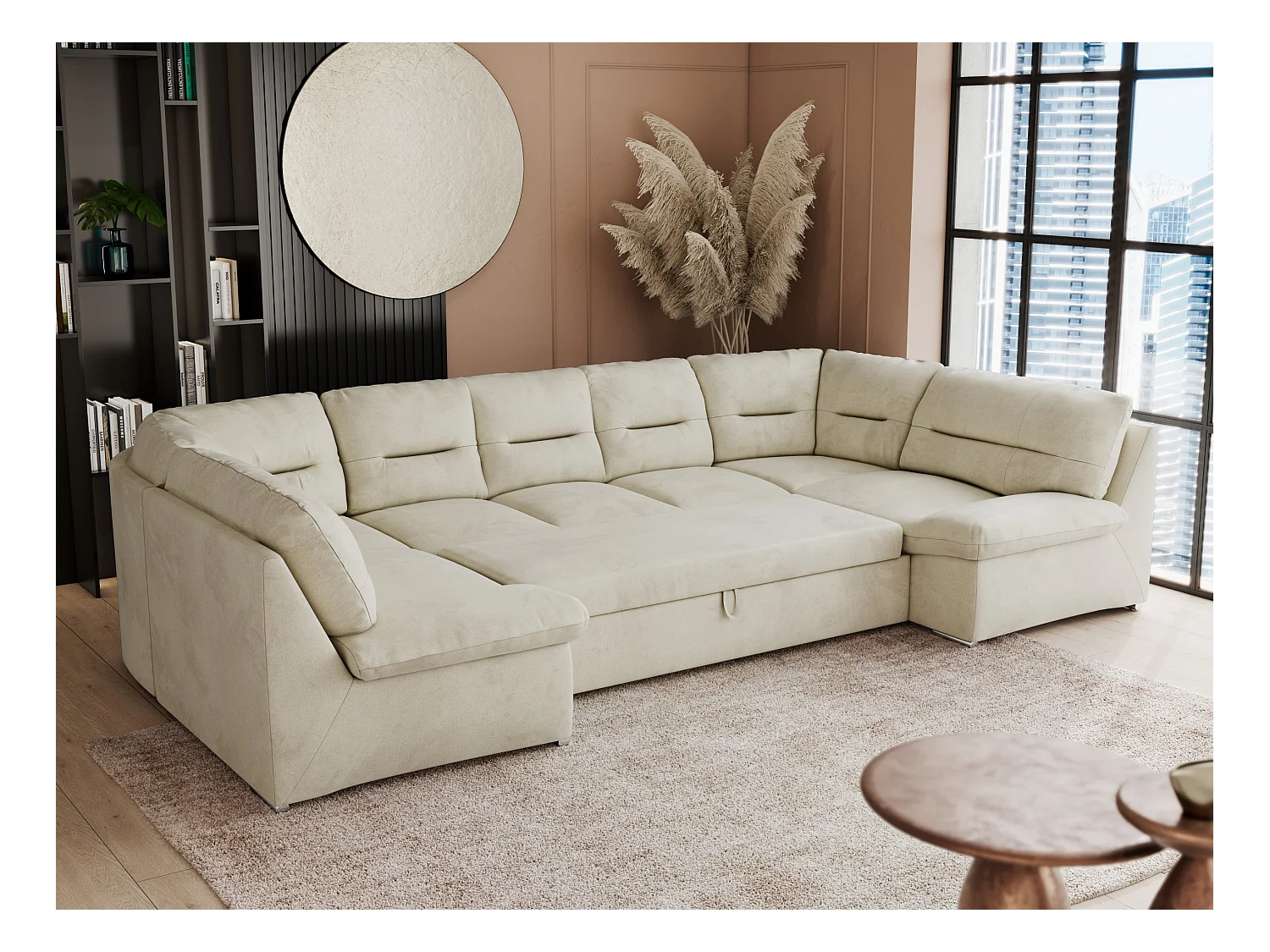 Ecksofa COMODO U, Große Wohnlandschaft, mit Schlaffunktion - Beige Velvet