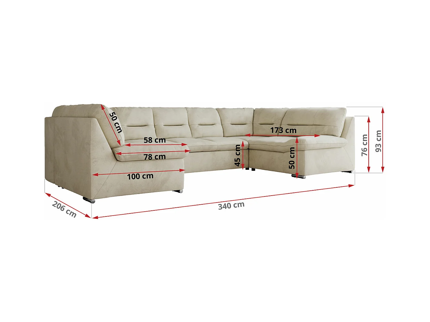 Ecksofa COMODO U, Große Wohnlandschaft, mit Schlaffunktion - Beige Velvet