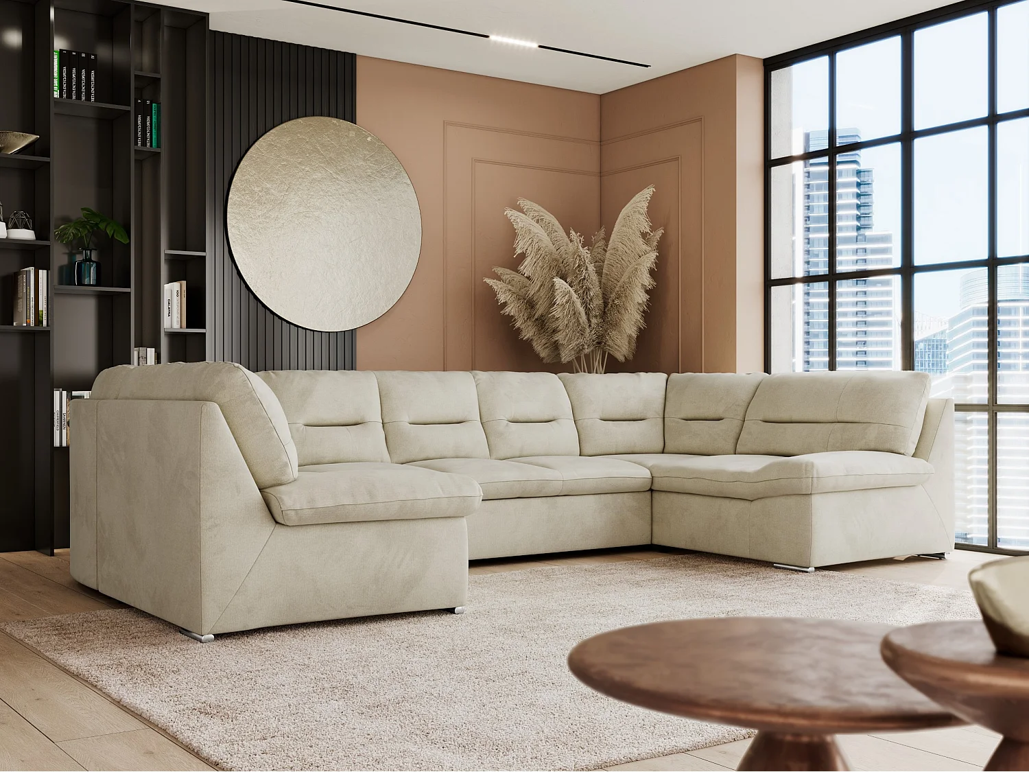 Ecksofa COMODO U, Große Wohnlandschaft, mit Schlaffunktion - Beige Velvet