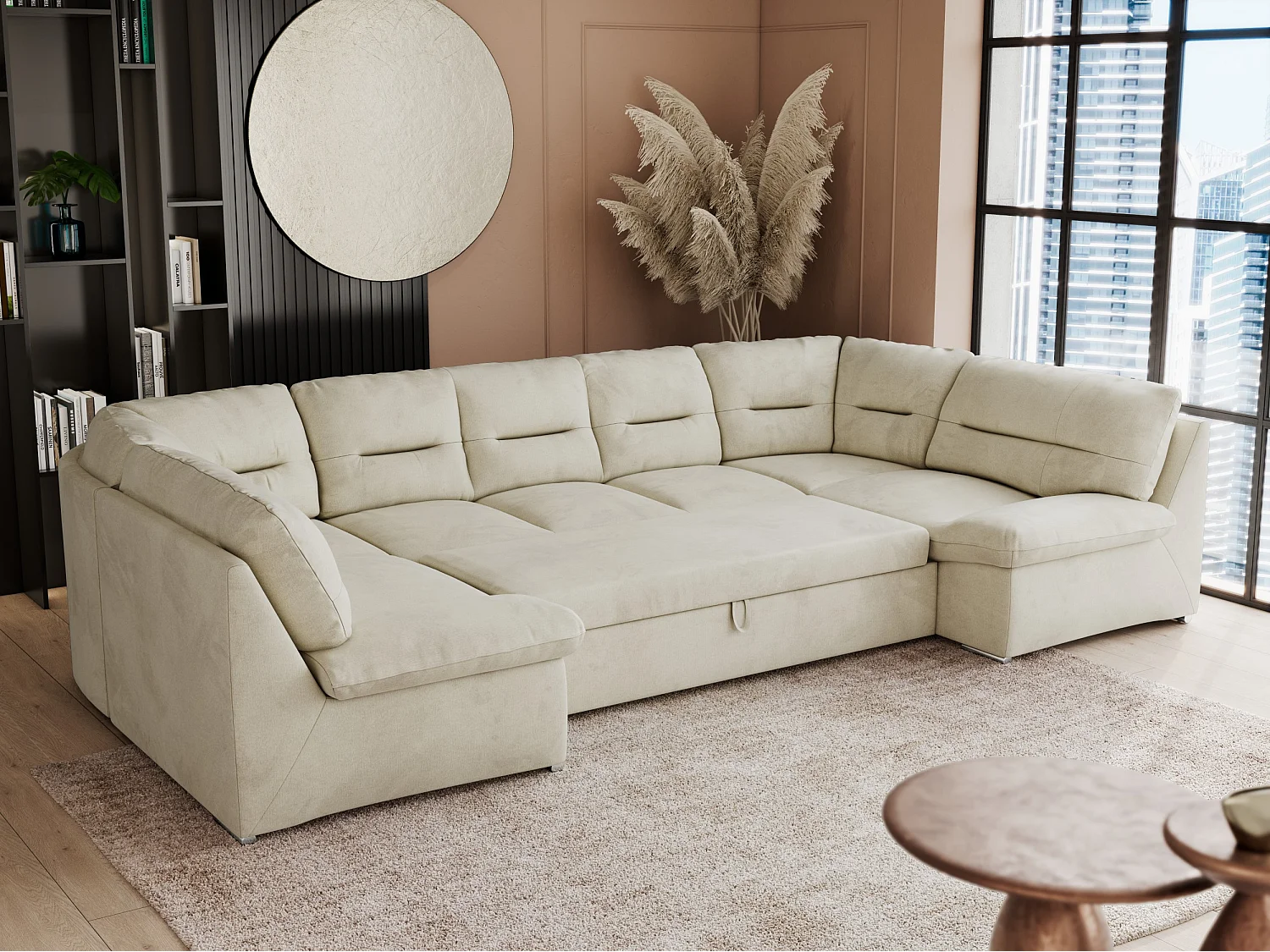 Ecksofa COMODO U, Große Wohnlandschaft, mit Schlaffunktion - Beige Velvet