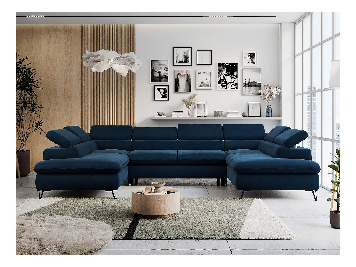 Ecksofa PETER U - schlaffunktion und Bettkästen, verstellbare Kopfstützen - Dunkelblau Velvet