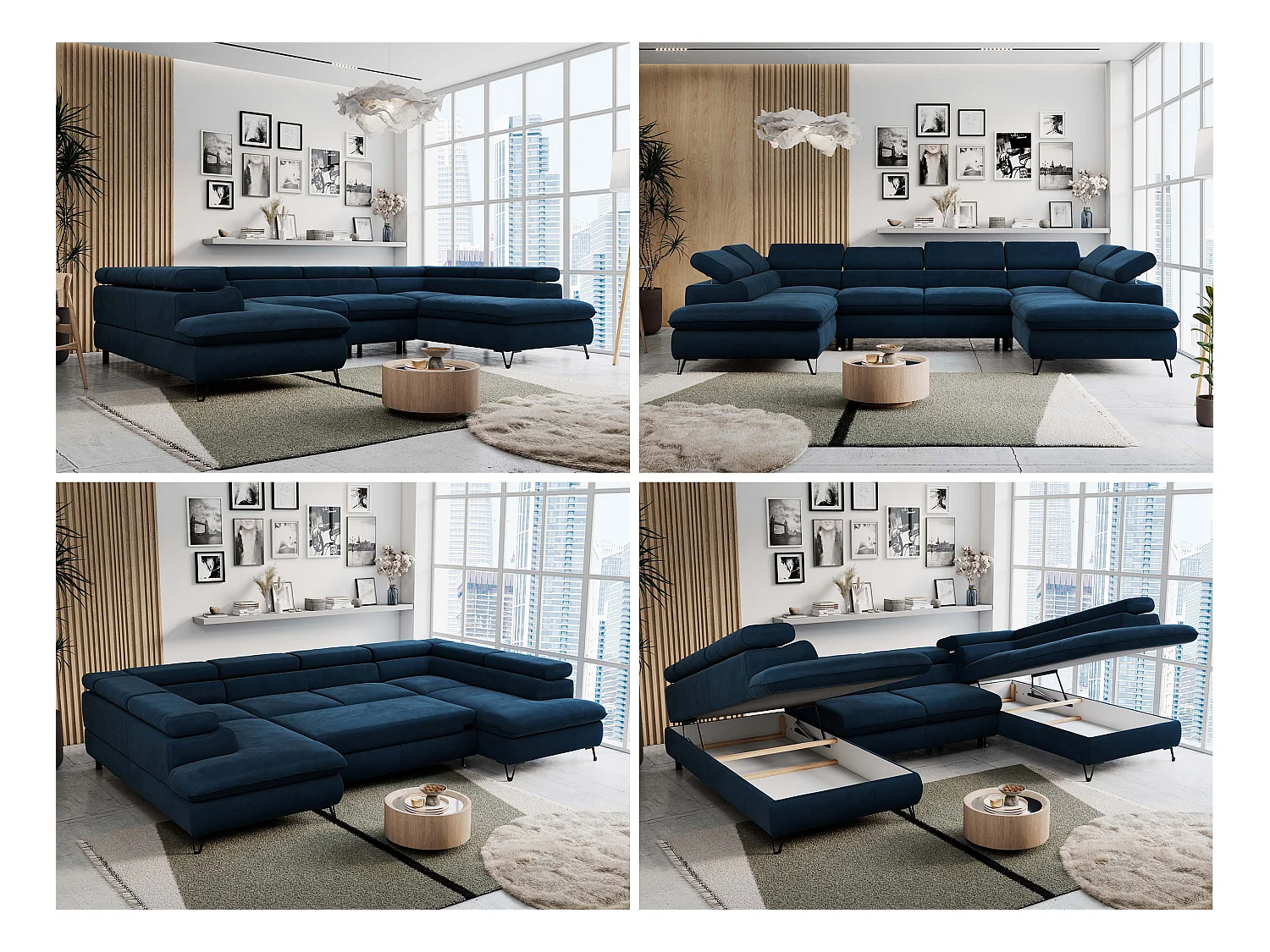 Ecksofa PETER U - schlaffunktion und Bettkästen, verstellbare Kopfstützen - Dunkelblau Velvet
