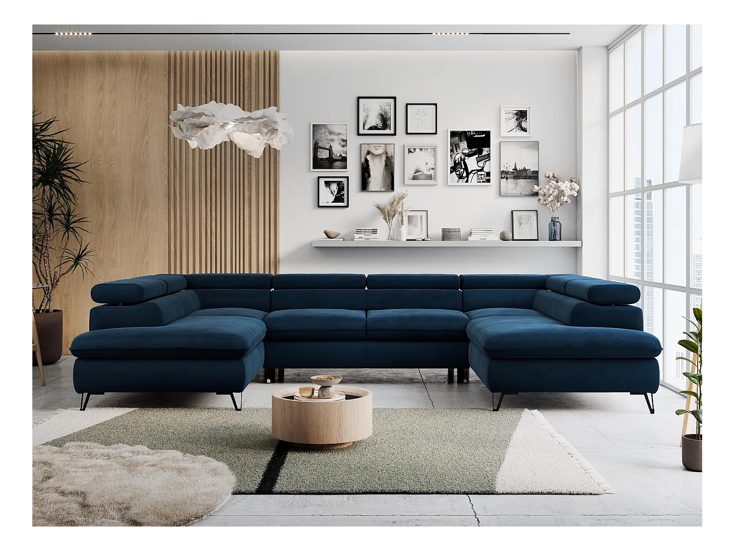 Ecksofa PETER U - schlaffunktion und Bettkästen, verstellbare Kopfstützen - Dunkelblau Velvet