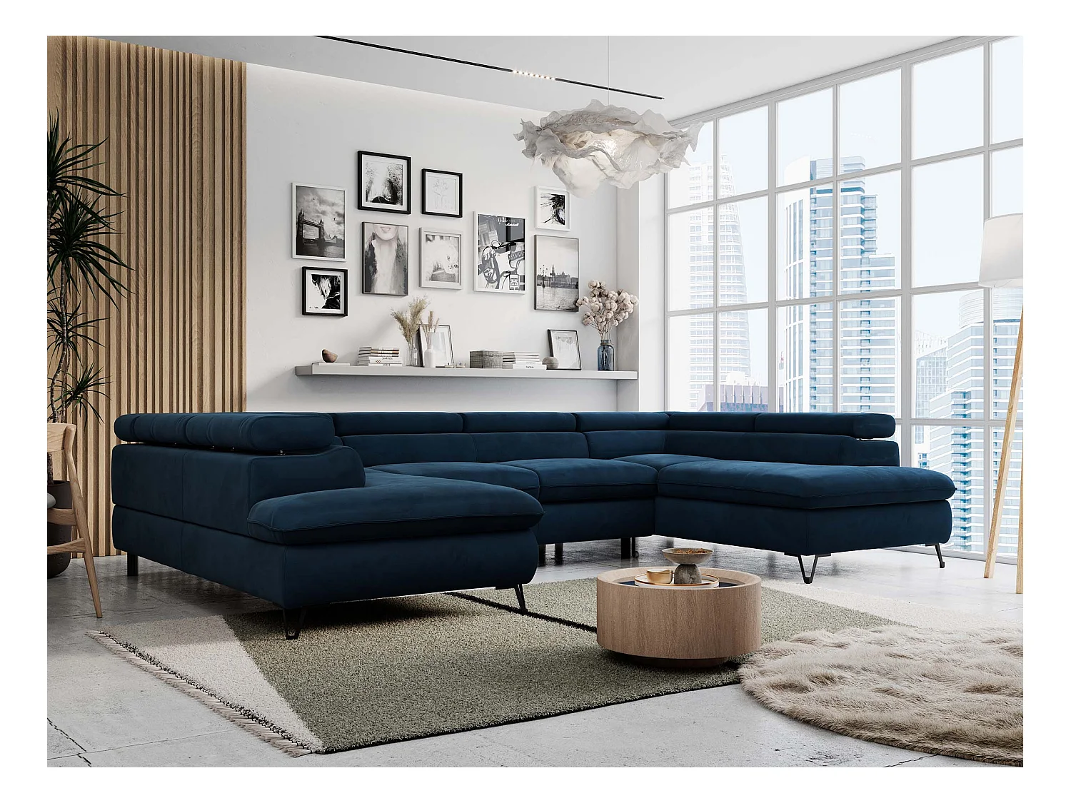 Ecksofa PETER U - schlaffunktion und Bettkästen, verstellbare Kopfstützen - Dunkelblau Velvet