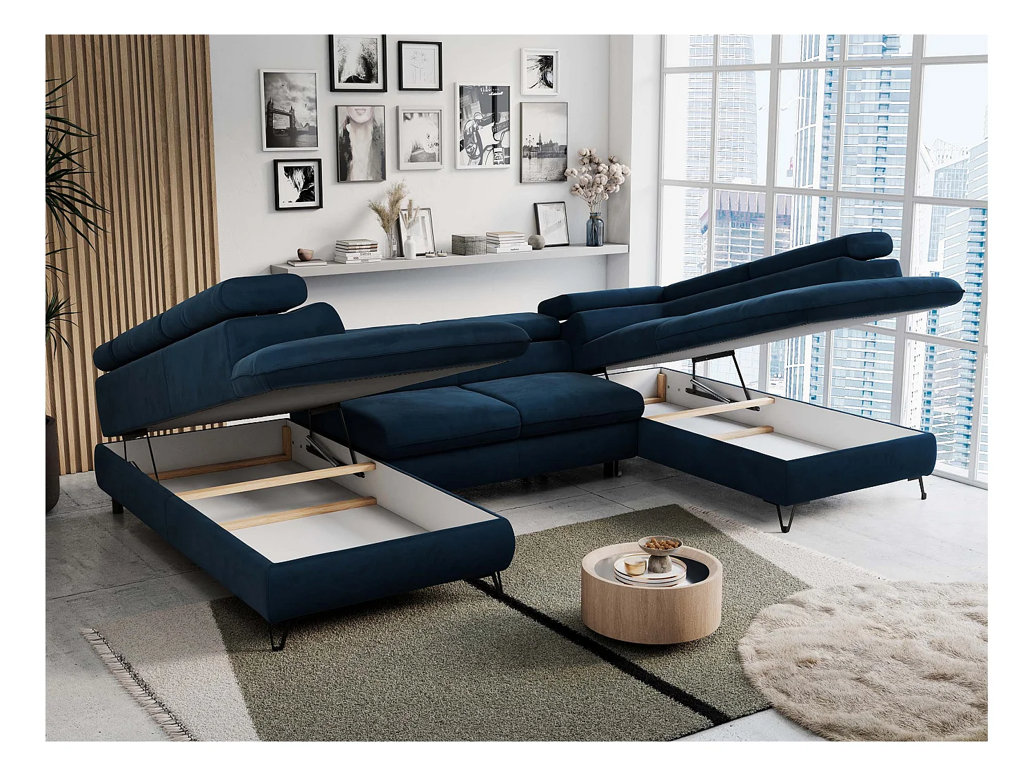 Ecksofa PETER U - schlaffunktion und Bettkästen, verstellbare Kopfstützen - Dunkelblau Velvet