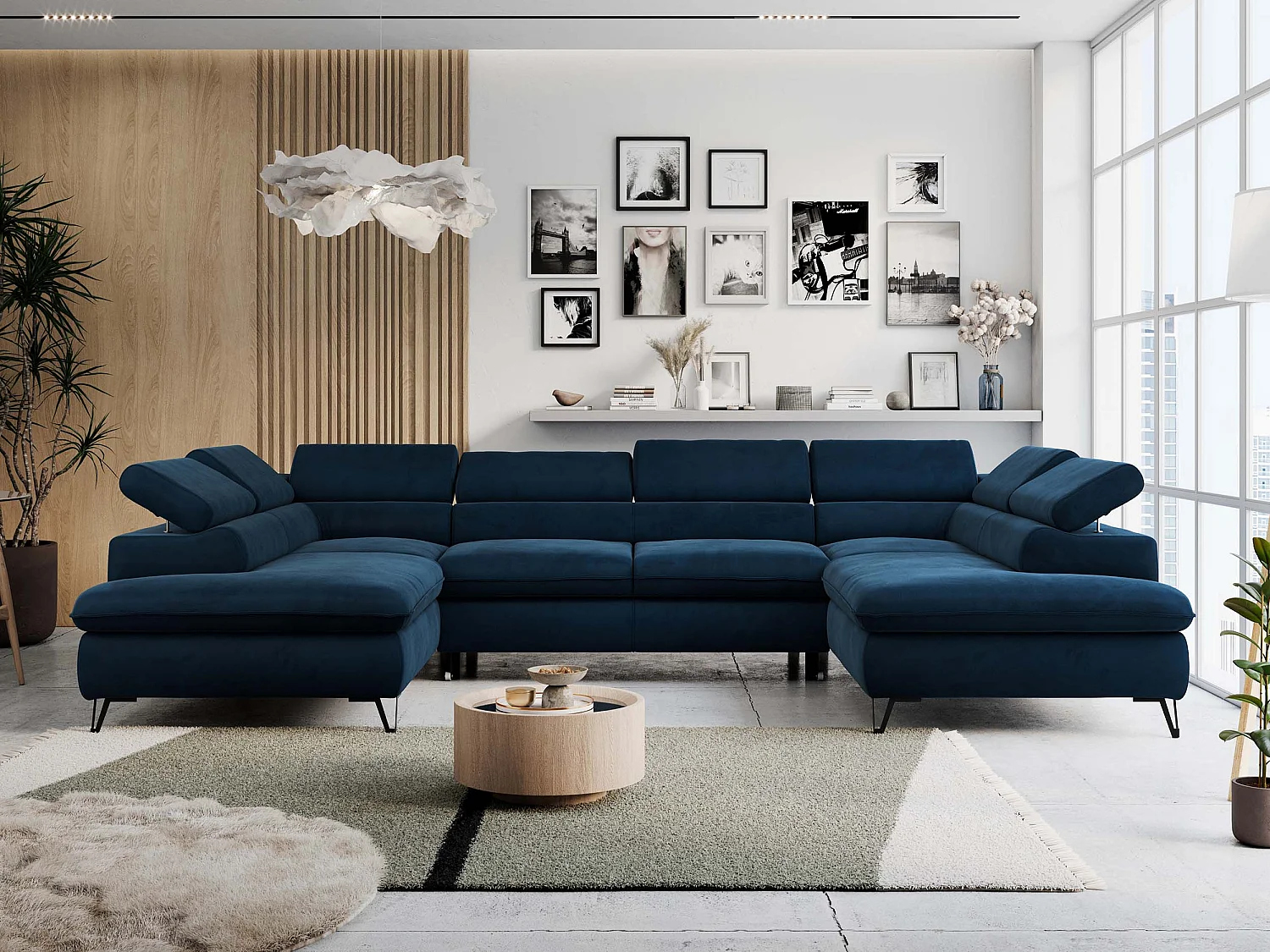 Ecksofa PETER U - schlaffunktion und Bettkästen, verstellbare Kopfstützen - Dunkelblau Velvet