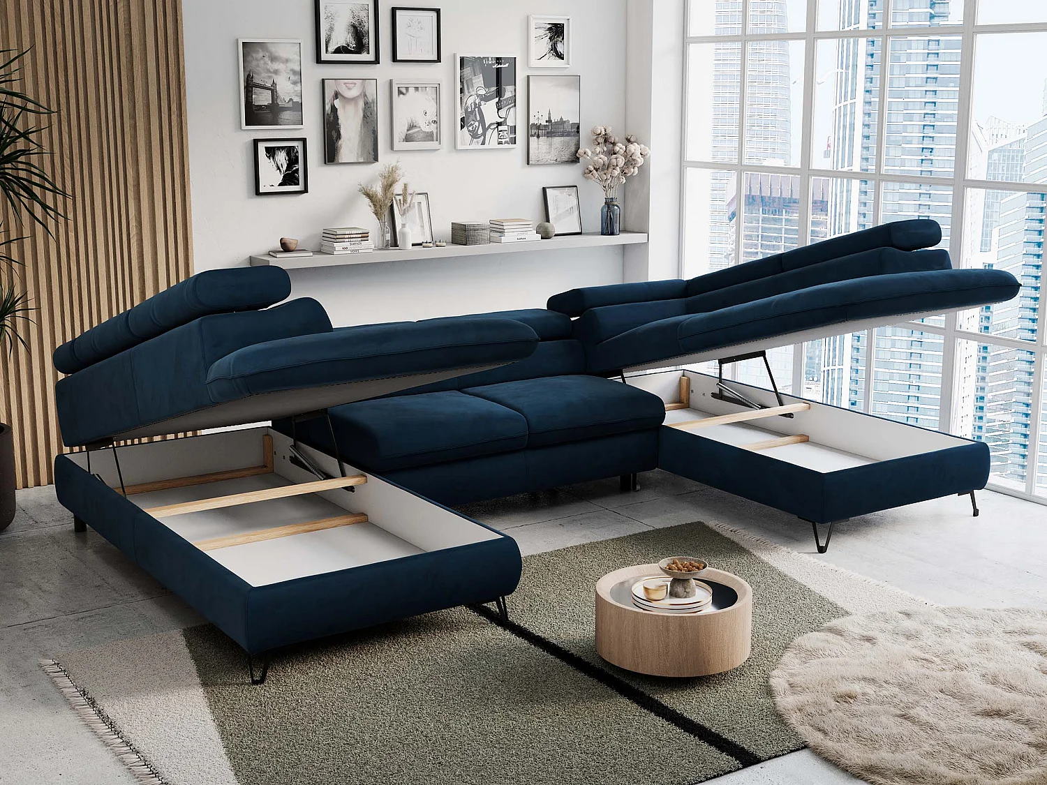 Ecksofa PETER U - schlaffunktion und Bettkästen, verstellbare Kopfstützen - Dunkelblau Velvet