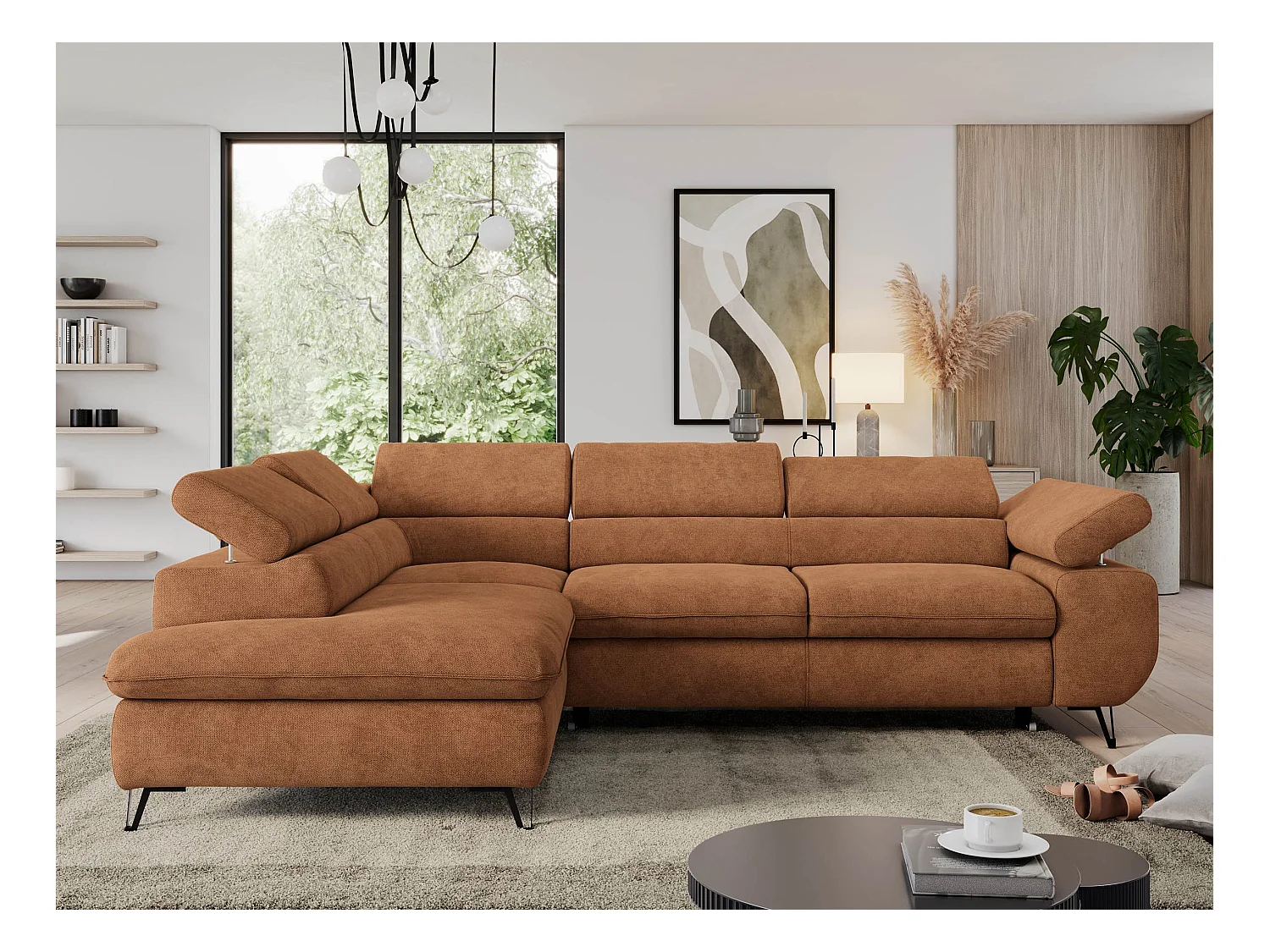 Ecksofa PEDRO - L-Form mit Schlaffunktion 200x125 cm, verstellbaren Kopfstützen - Orange Stukture - Ecke Links