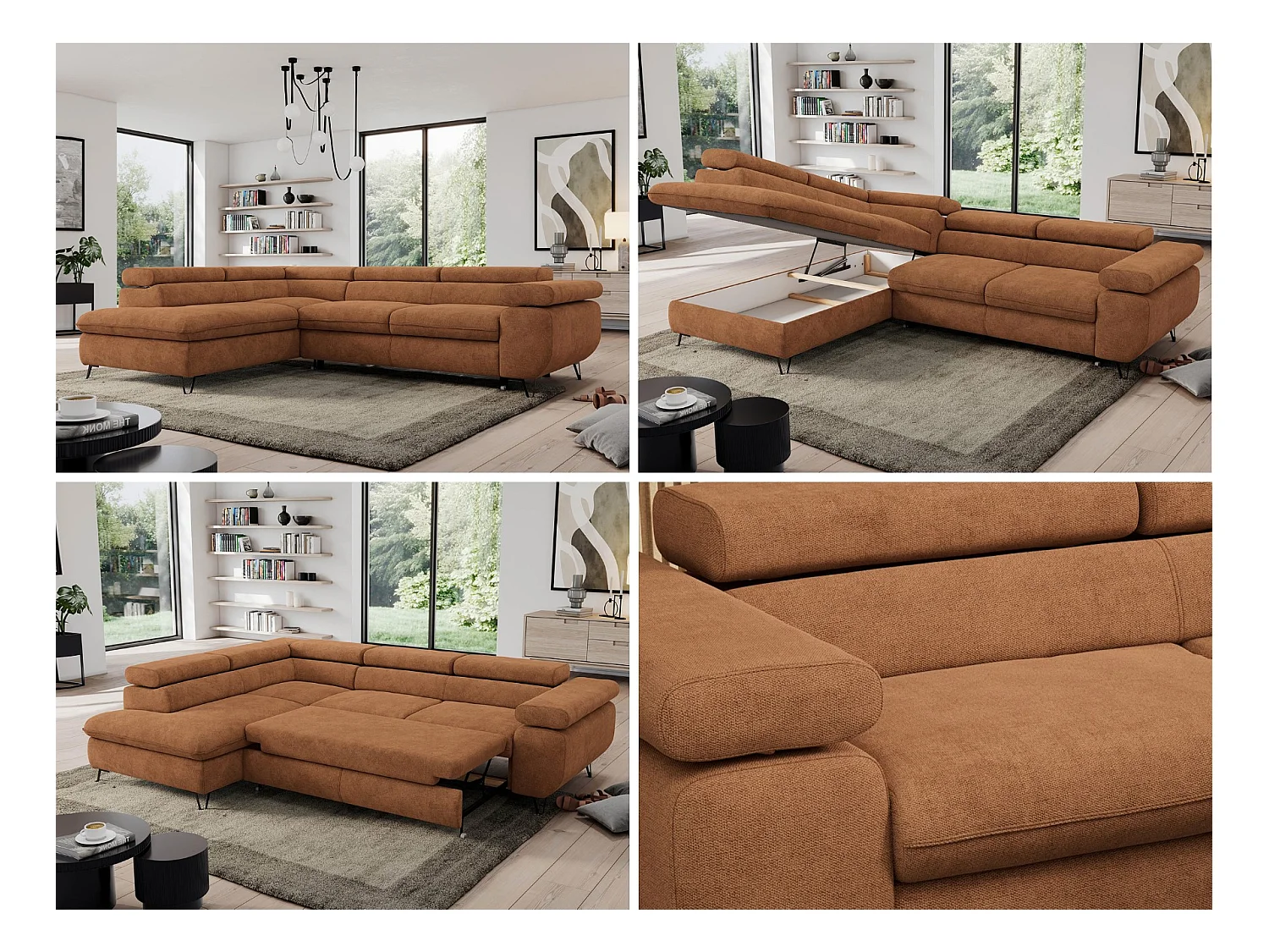 Ecksofa PEDRO - L-Form mit Schlaffunktion 200x125 cm, verstellbaren Kopfstützen - Orange Stukture - Ecke Links