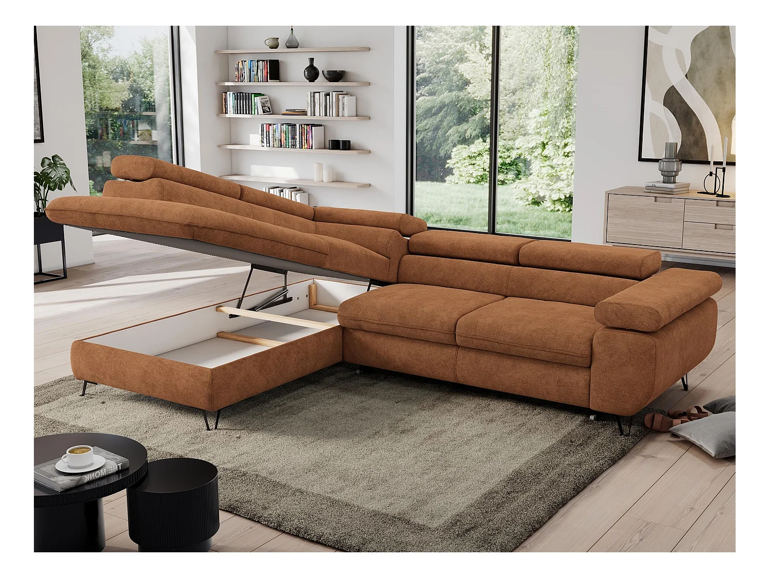Ecksofa PEDRO - L-Form mit Schlaffunktion 200x125 cm, verstellbaren Kopfstützen - Orange Stukture - Ecke Links