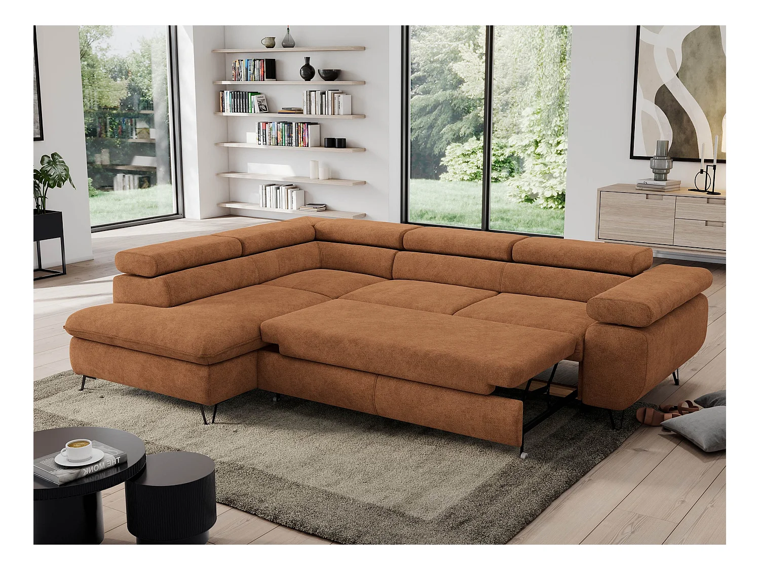 Ecksofa PEDRO - L-Form mit Schlaffunktion 200x125 cm, verstellbaren Kopfstützen - Orange Stukture - Ecke Links