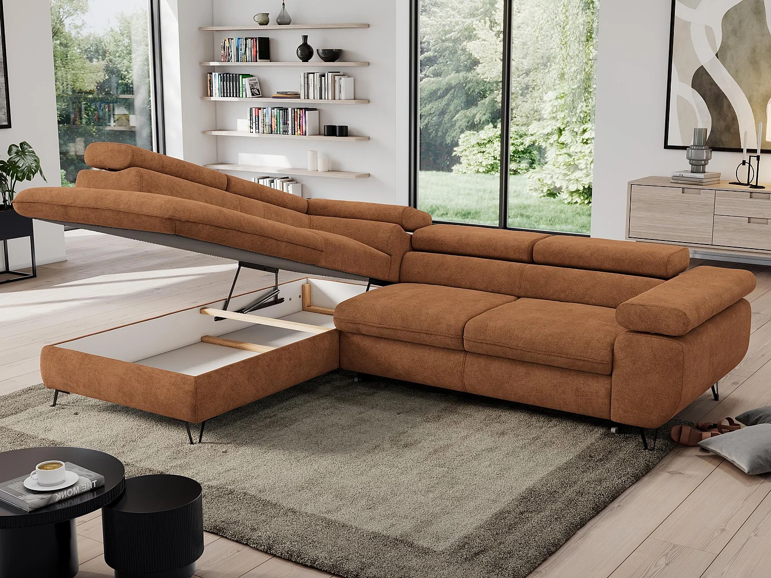 Ecksofa PEDRO - L-Form mit Schlaffunktion 200x125 cm, verstellbaren Kopfstützen - Orange Stukture - Ecke Links