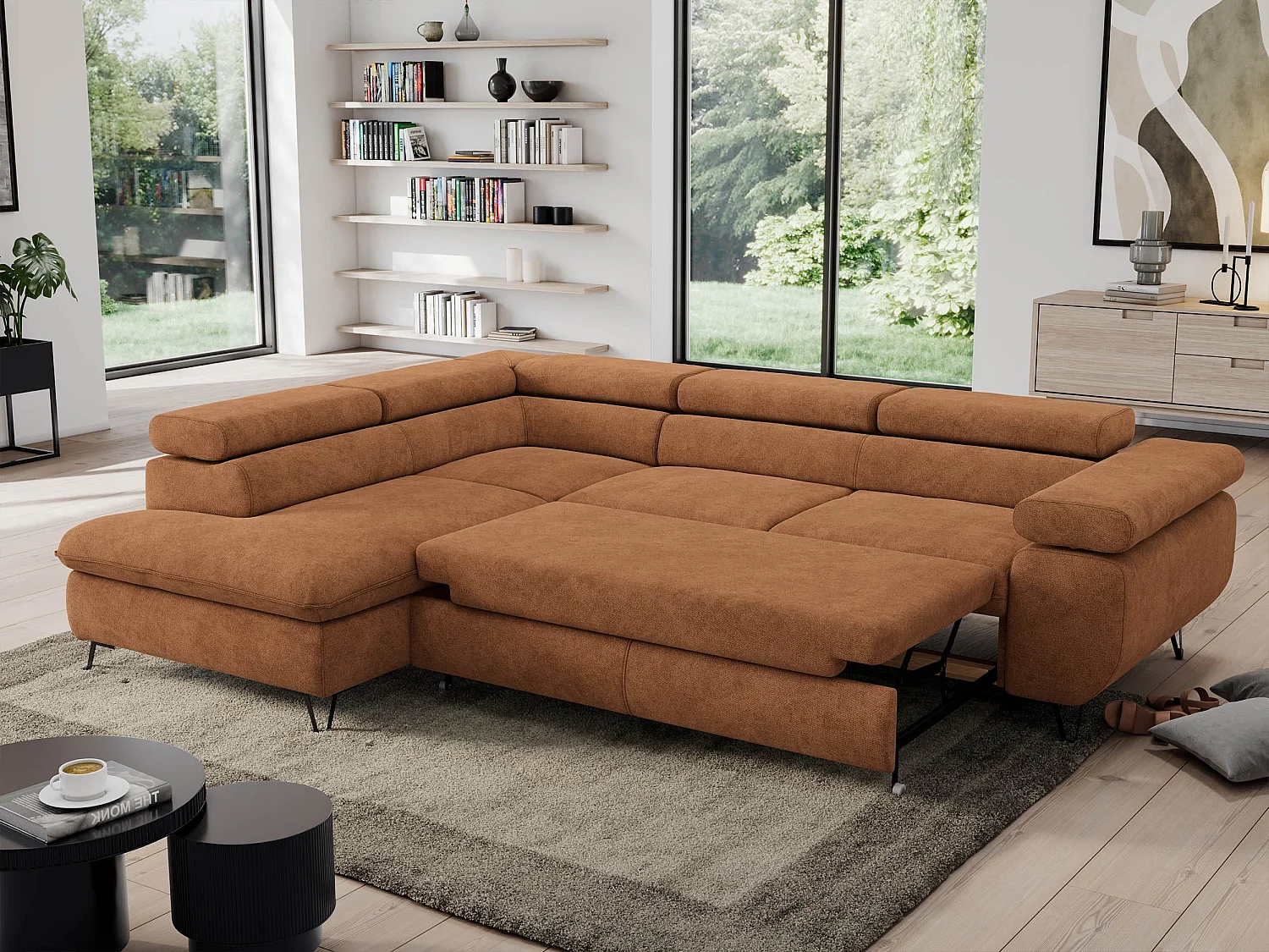 Ecksofa PEDRO - L-Form mit Schlaffunktion 200x125 cm, verstellbaren Kopfstützen - Orange Stukture - Ecke Links