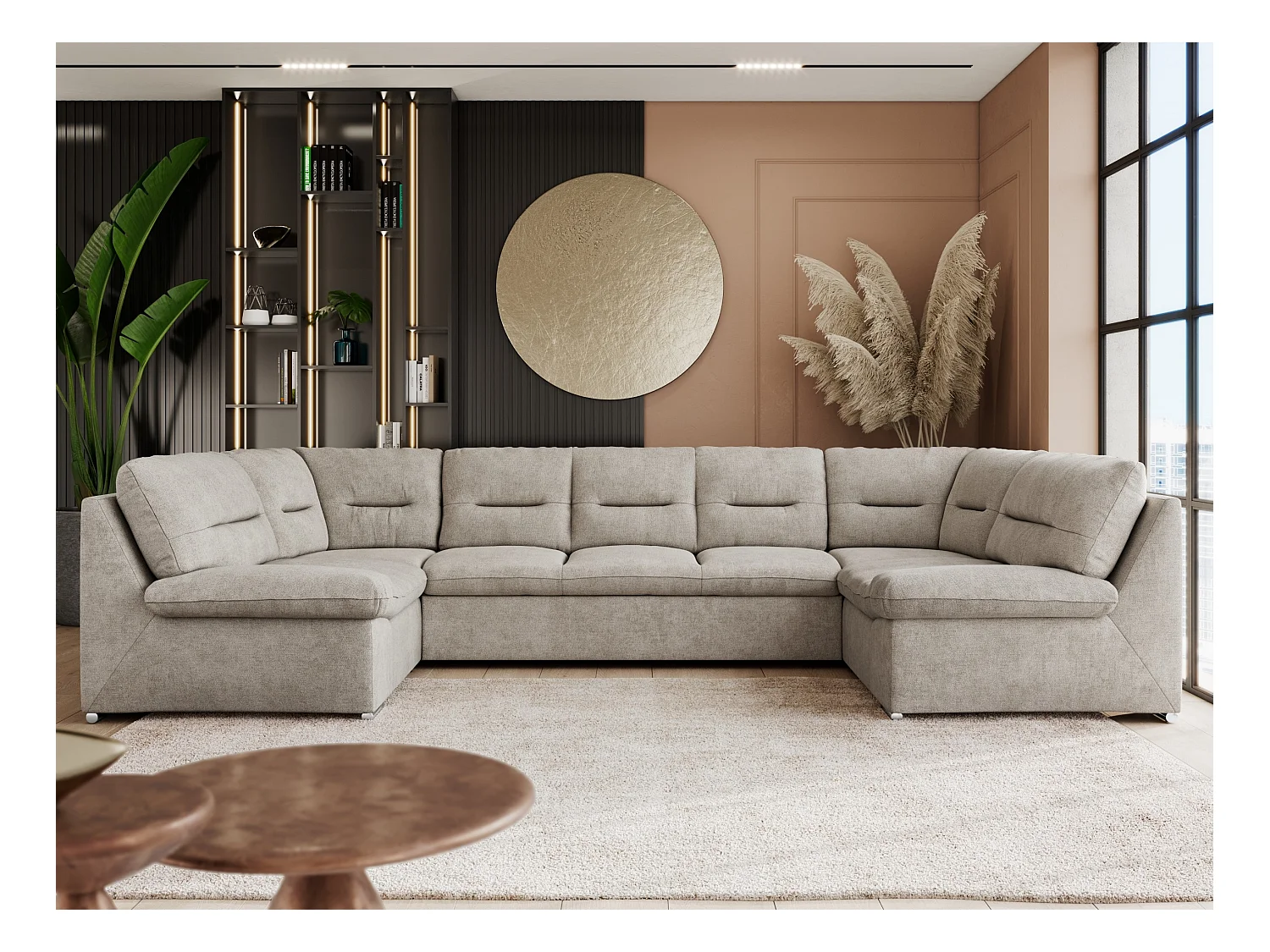 Ecksofa COMODO U, Große Wohnlandschaft, mit Schlaffunktion - Beige Stukture