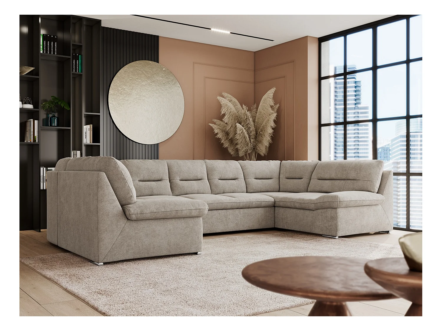 Ecksofa COMODO U, Große Wohnlandschaft, mit Schlaffunktion - Beige Stukture
