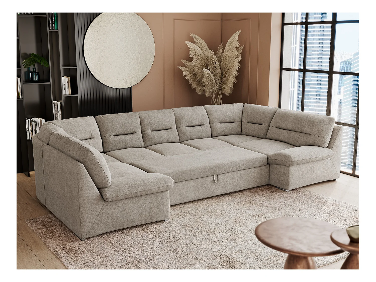Ecksofa COMODO U, Große Wohnlandschaft, mit Schlaffunktion - Beige Stukture
