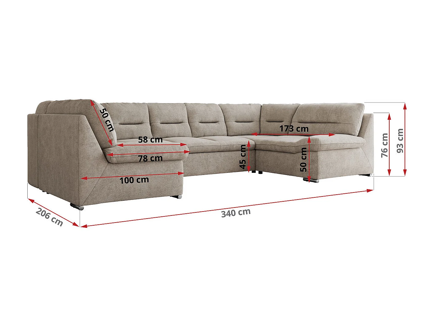 Ecksofa COMODO U, Große Wohnlandschaft, mit Schlaffunktion - Beige Stukture