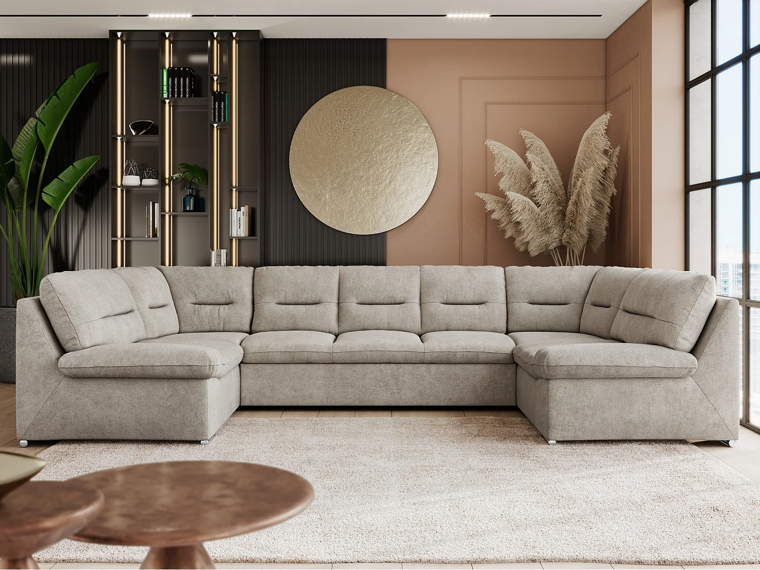 Ecksofa COMODO U, Große Wohnlandschaft, mit Schlaffunktion - Beige Stukture