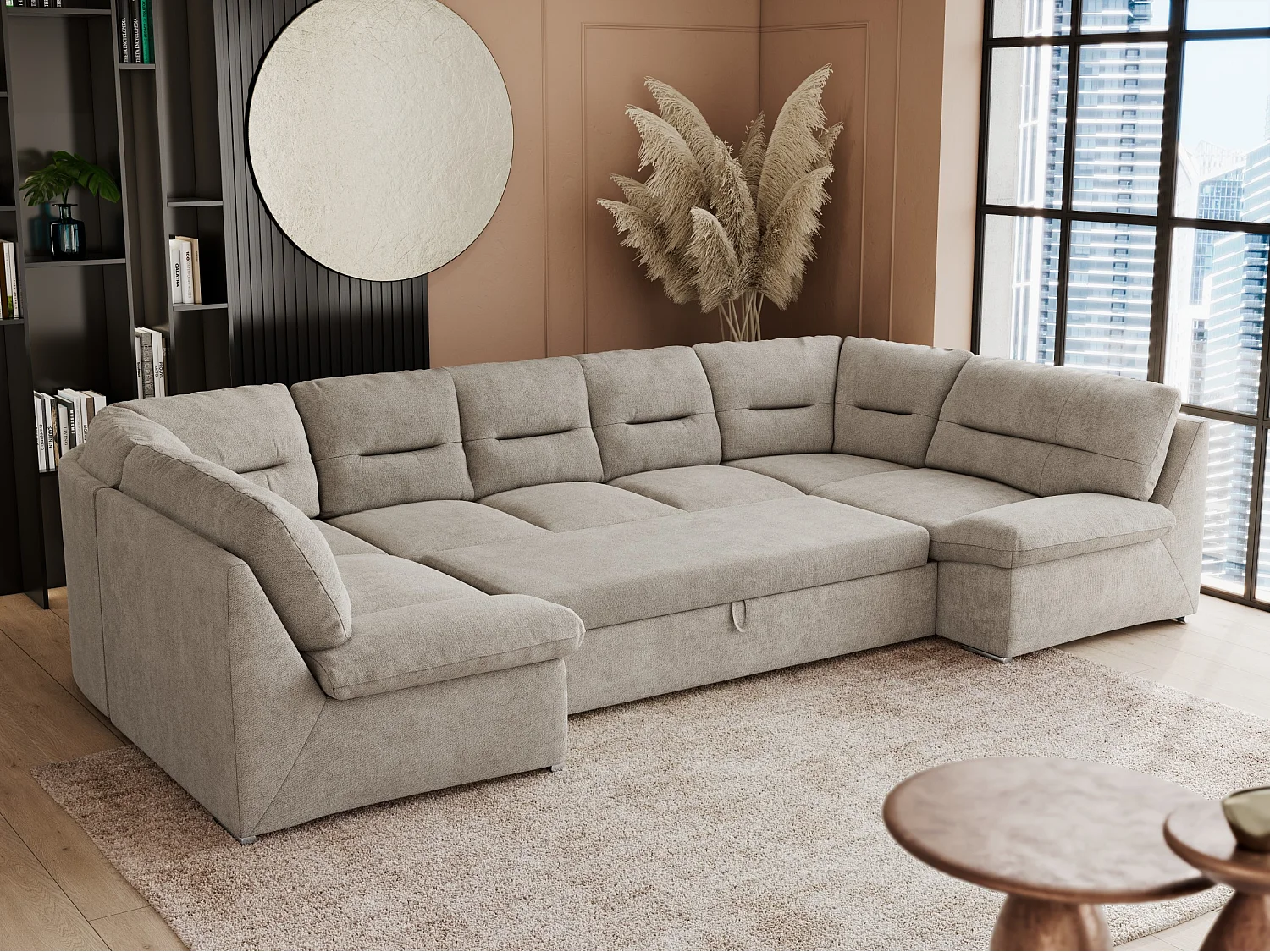 Ecksofa COMODO U, Große Wohnlandschaft, mit Schlaffunktion - Beige Stukture